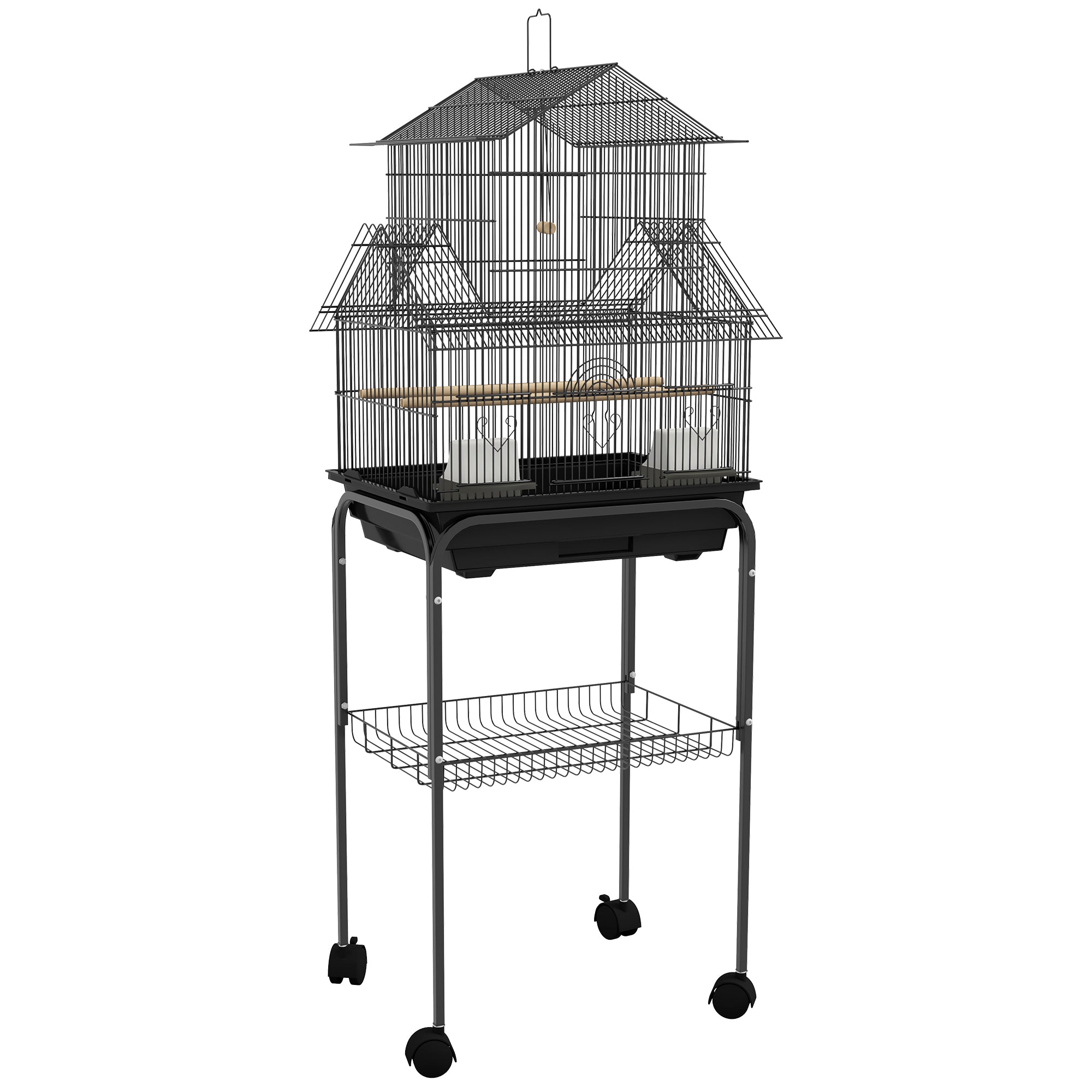 PawHut 48" Bird Cage with Perch, Swing, Food Container, Slide-out Tray, Handle, Parrot Cage for Finches, Canaries, Budgies