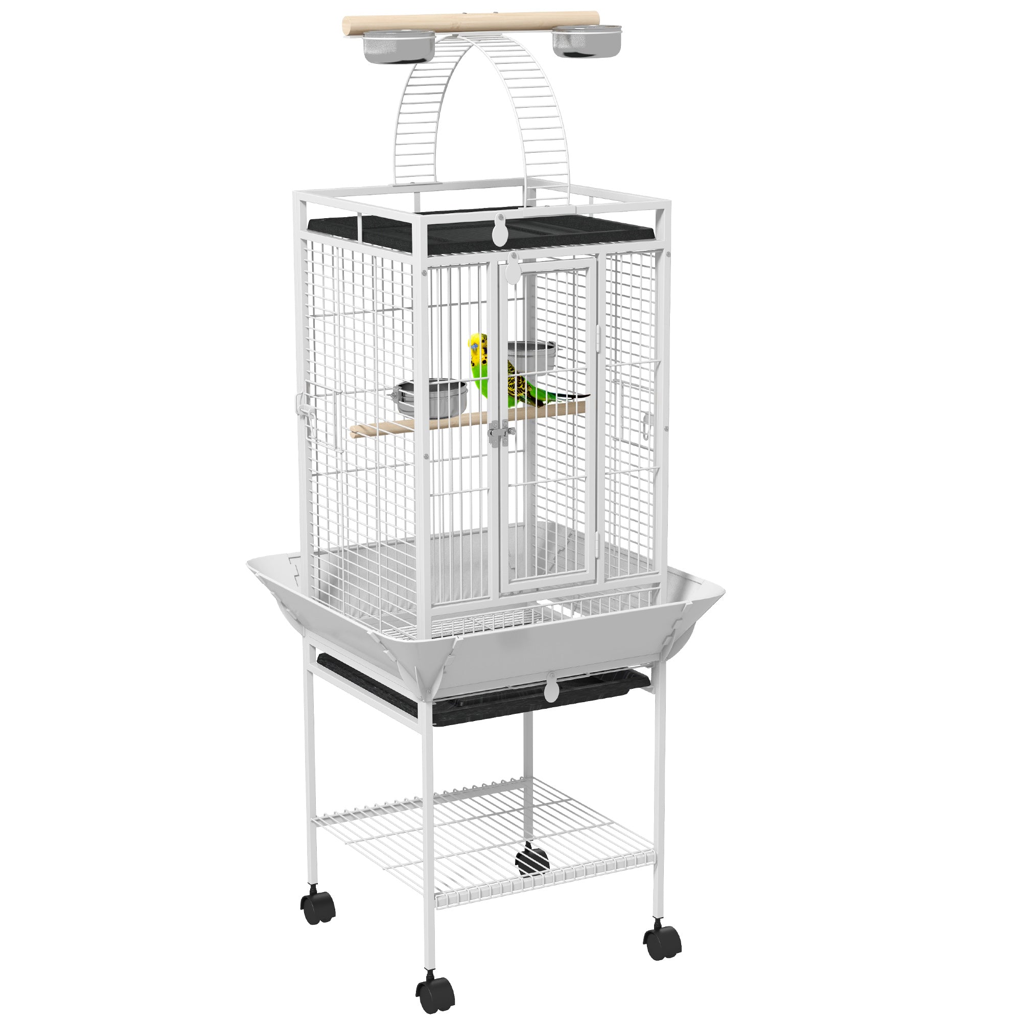 PawHut 61.5 Inch Bird Cage Parakeet House for Cockatiel with Stand, Pull Out Tray, Play Top, Storage Shelf, Wood Perch, Food Container