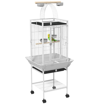 PawHut 61.5 Inch Bird Cage Parakeet House for Cockatiel with Stand, Pull Out Tray, Play Top, Storage Shelf, Wood Perch, Food Container