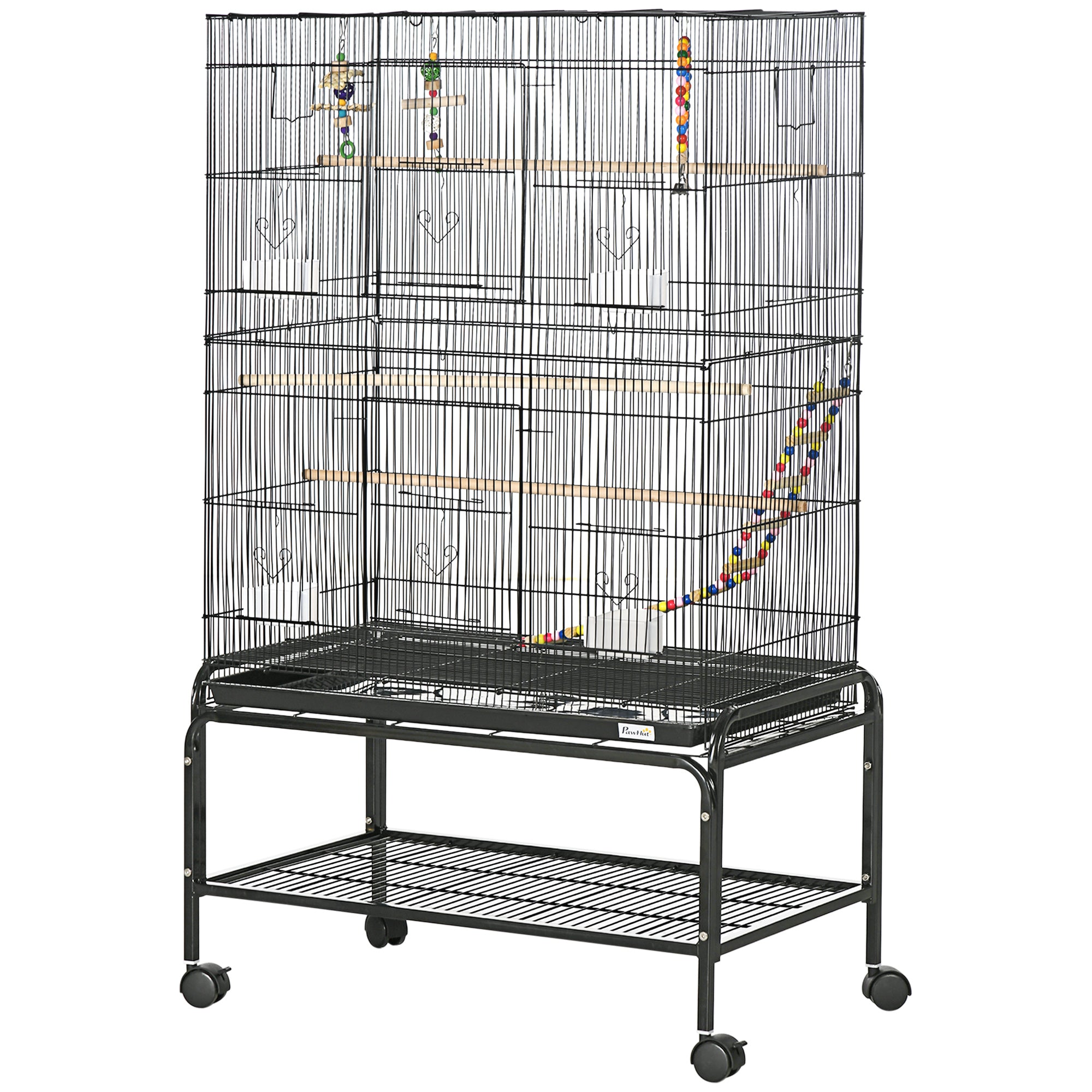 PawHut 52" Bird Cage with Rolling Stand, Toys, for Budgies Canaries Black