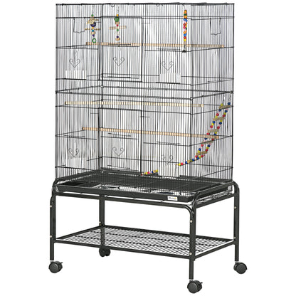 PawHut 52" Bird Cage with Rolling Stand, Toys, for Budgies Canaries Black
