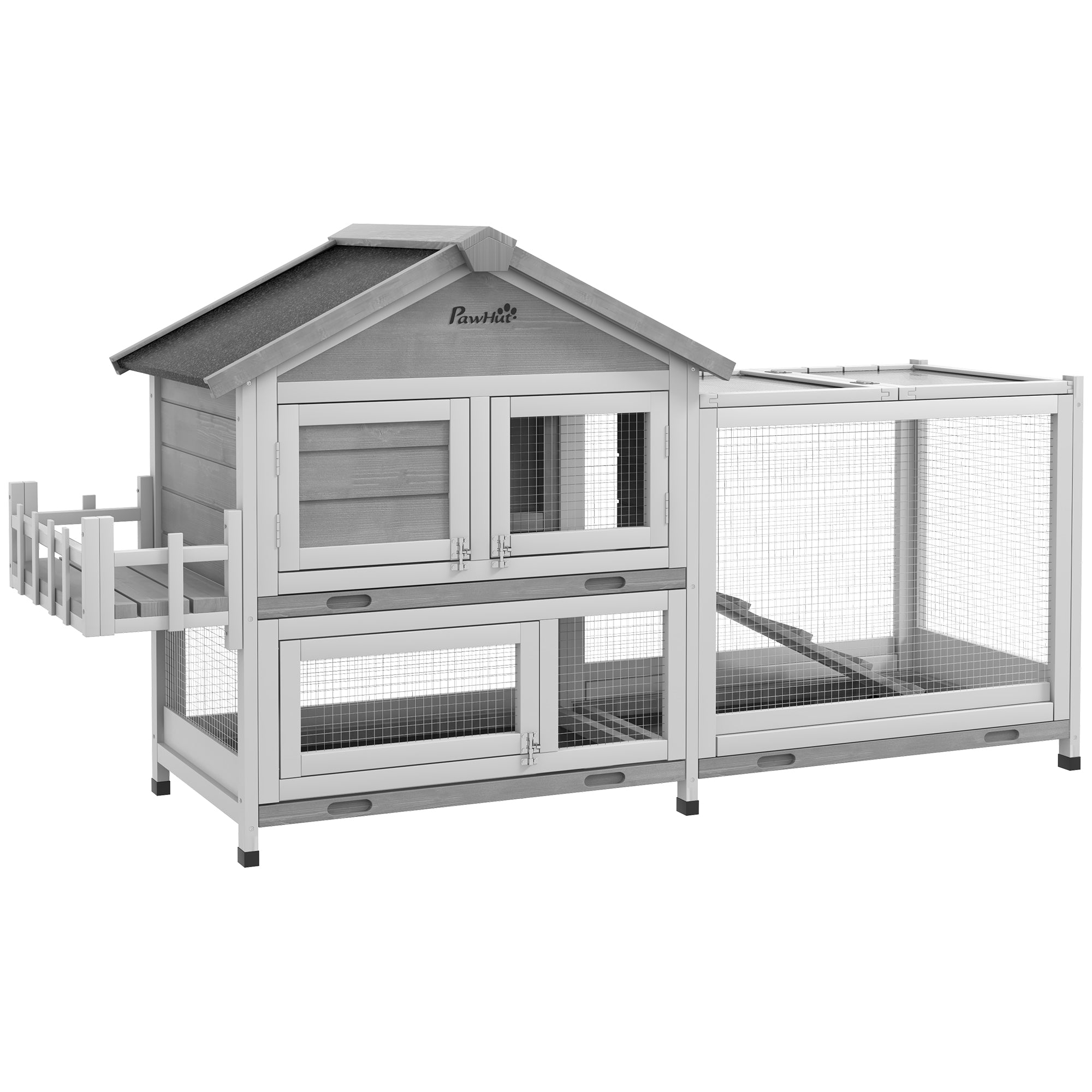 PawHut 65" Wooden Rabbit Hutch, Pet Playpen with Openable Roof, Storage Box, for Rabbits and Small Animals, Grey