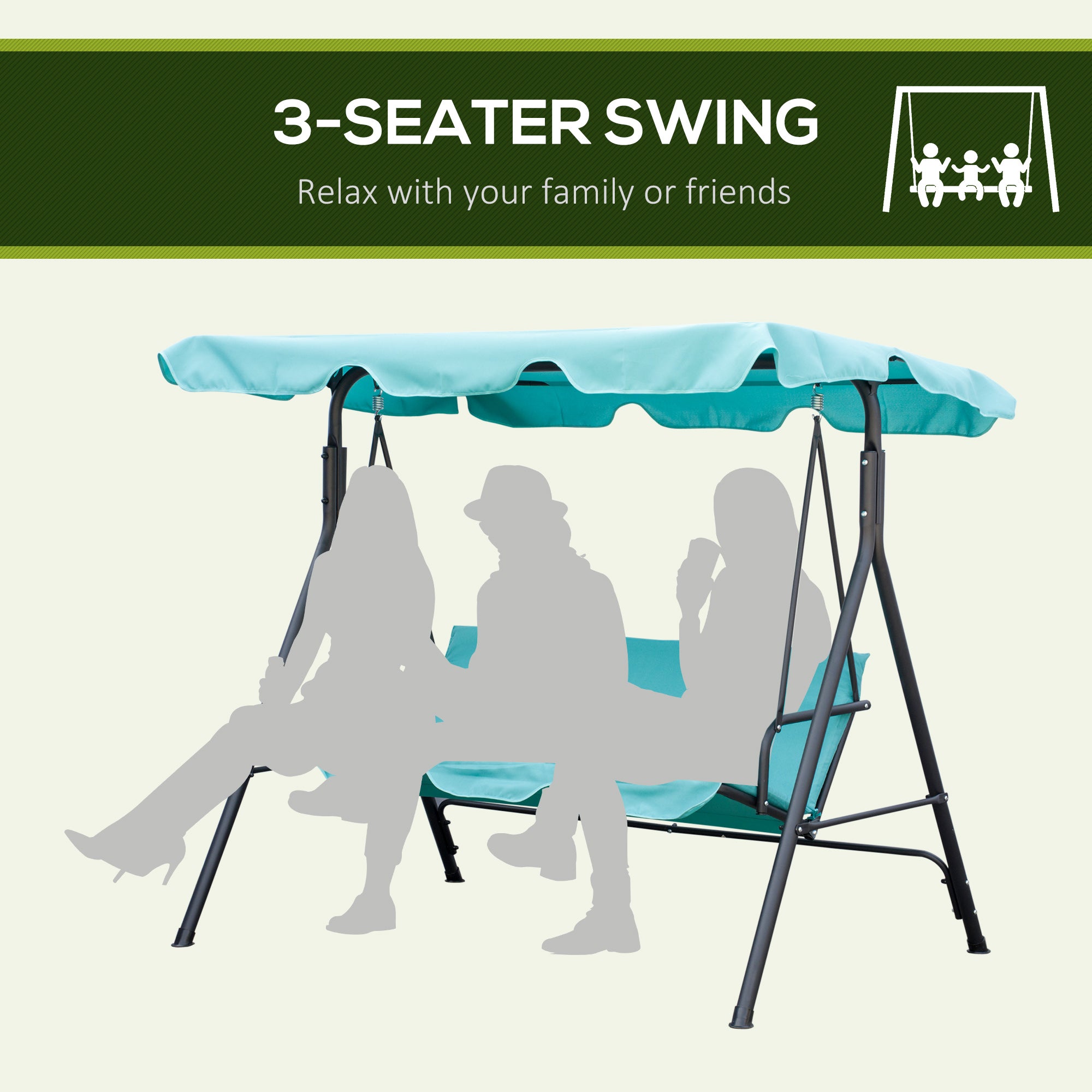 Outsunny 3-Seater Outdoor Porch Swing with Adjustable Canopy, Patio Swing Chair for Garden, Poolside, Backyard, Teal