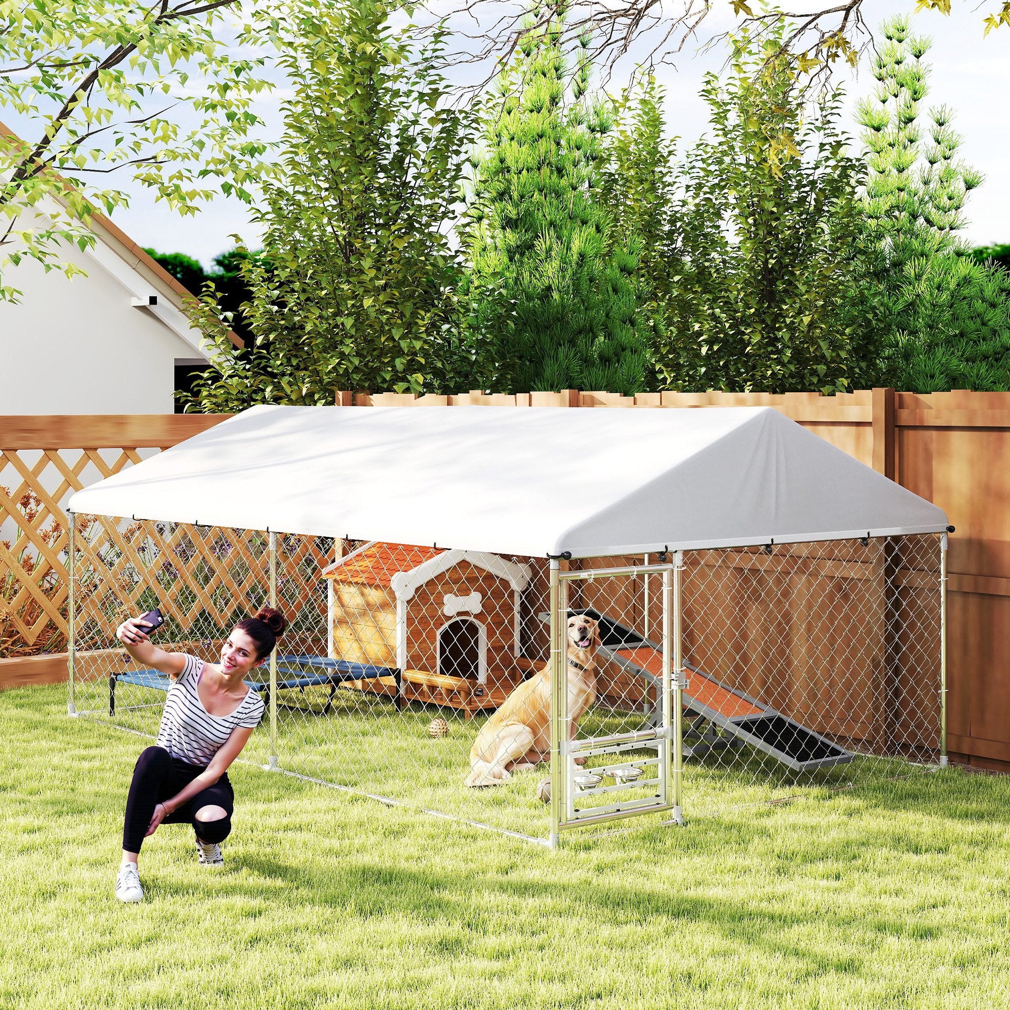 PawHut Outdoor Dog Run w/ Adjustable & Rotating Bowls, Waterproof UV-Resistant Cover, Secure Lock, 13.1' x 7.5' x 5.2'