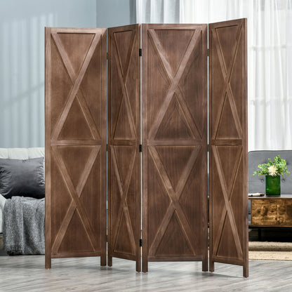 HOMCOM 4-panel Wall Partition Farmhouse Room Separator with Foldable Design Wooden Frame 5.6FT, Walnut