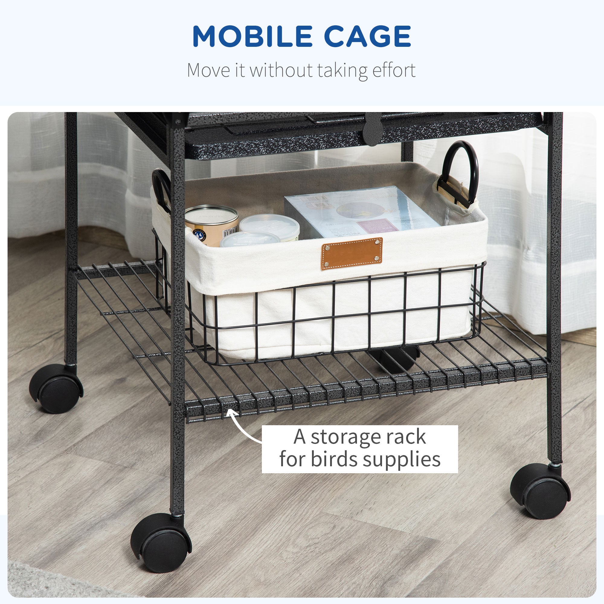 PawHut 61.5 Inch Bird Cage Parakeet House for Cockatiel with Stand, Pull Out Tray, Play Top, Storage Shelf, Wood Perch, Food Container