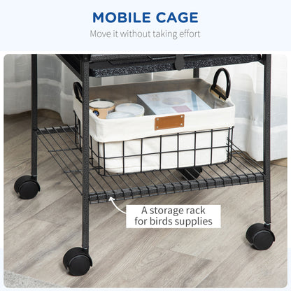 PawHut 61.5 Inch Bird Cage Parakeet House for Cockatiel with Stand, Pull Out Tray, Play Top, Storage Shelf, Wood Perch, Food Container