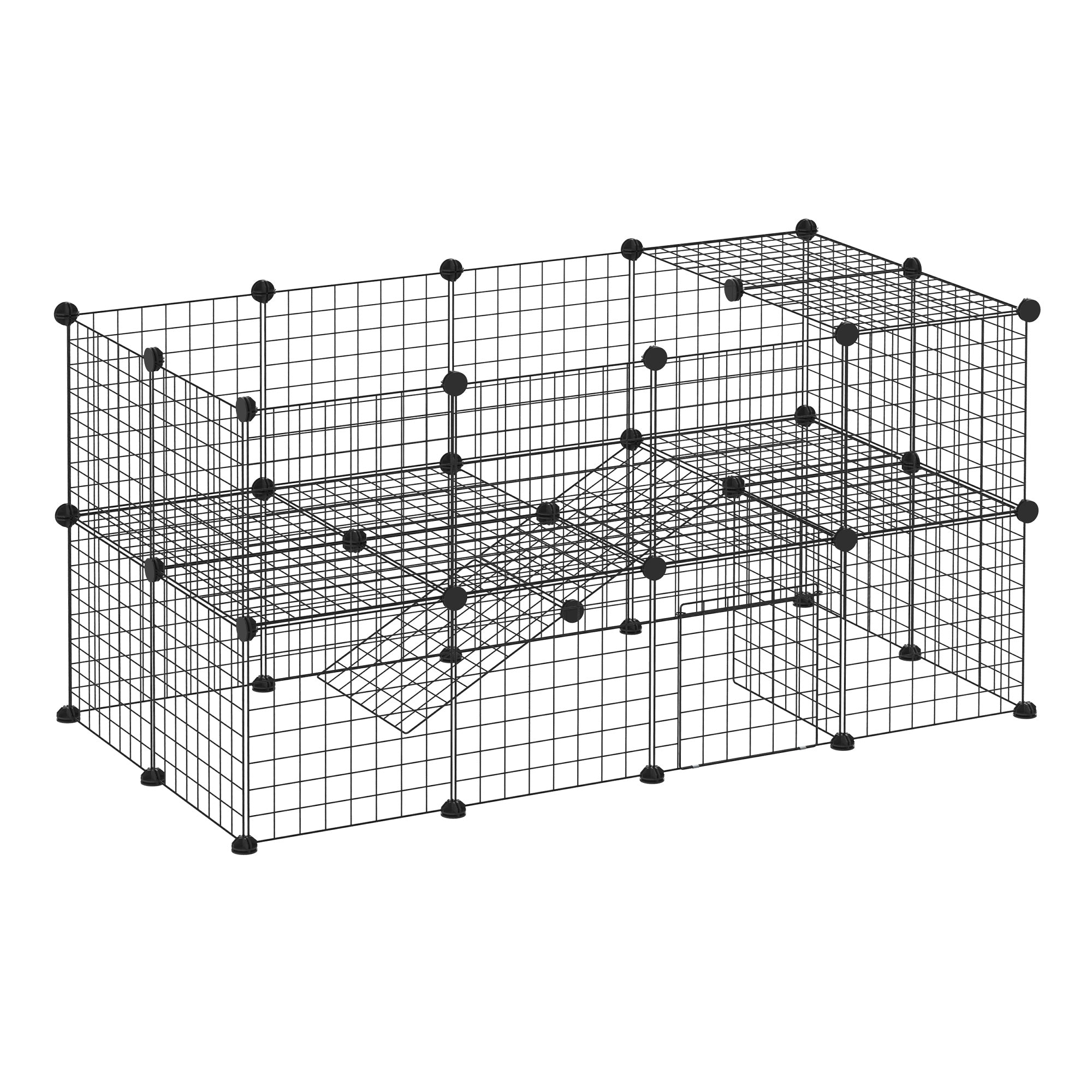 PawHut 40 Pcs Small Animal Cage Bunny Hutch Portable Metal Wire with Ramps for Kitten Chinchilla, Black