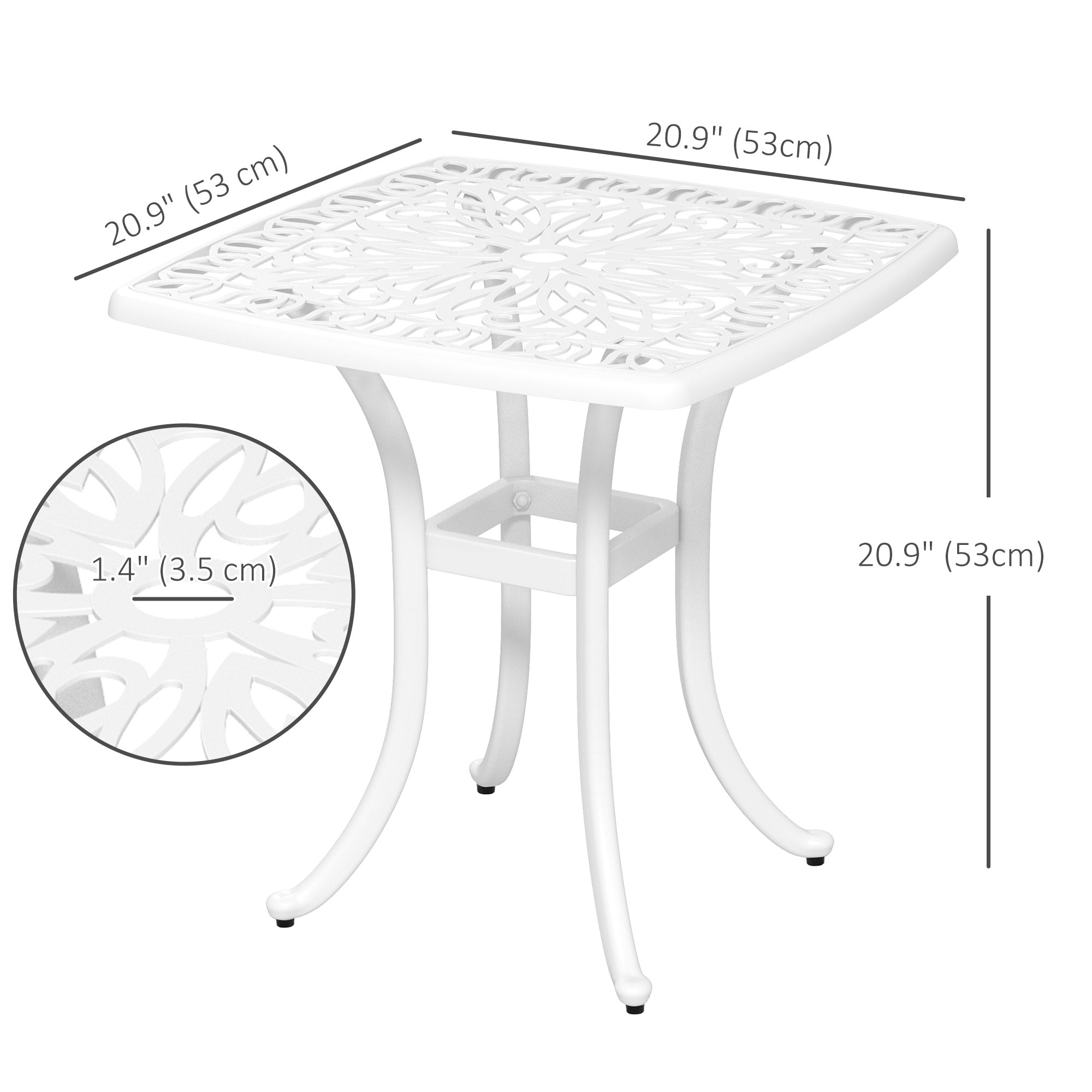 Outsunny 21" Square Outdoor End Table, Cast Aluminum Patio Side Table with Umbrella Hole for Garden, Balcony, Poolside, White