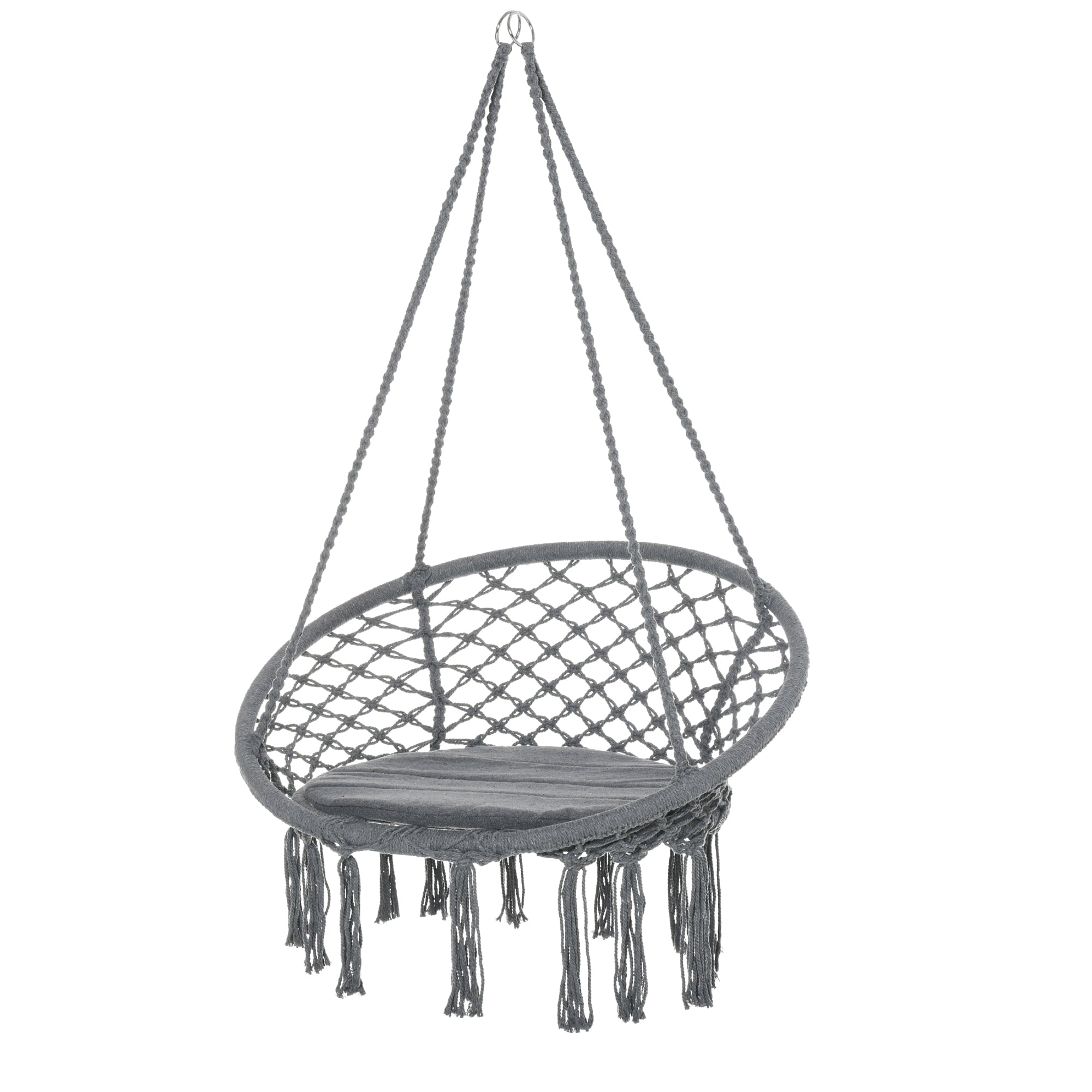 Outsunny Patio Hammock Chair, Hanging Rope Hammock Swing for Indoor & Outdoor Use with Backrest, Cotton-Polyester Blend, Fringe Tassels, Dark Grey