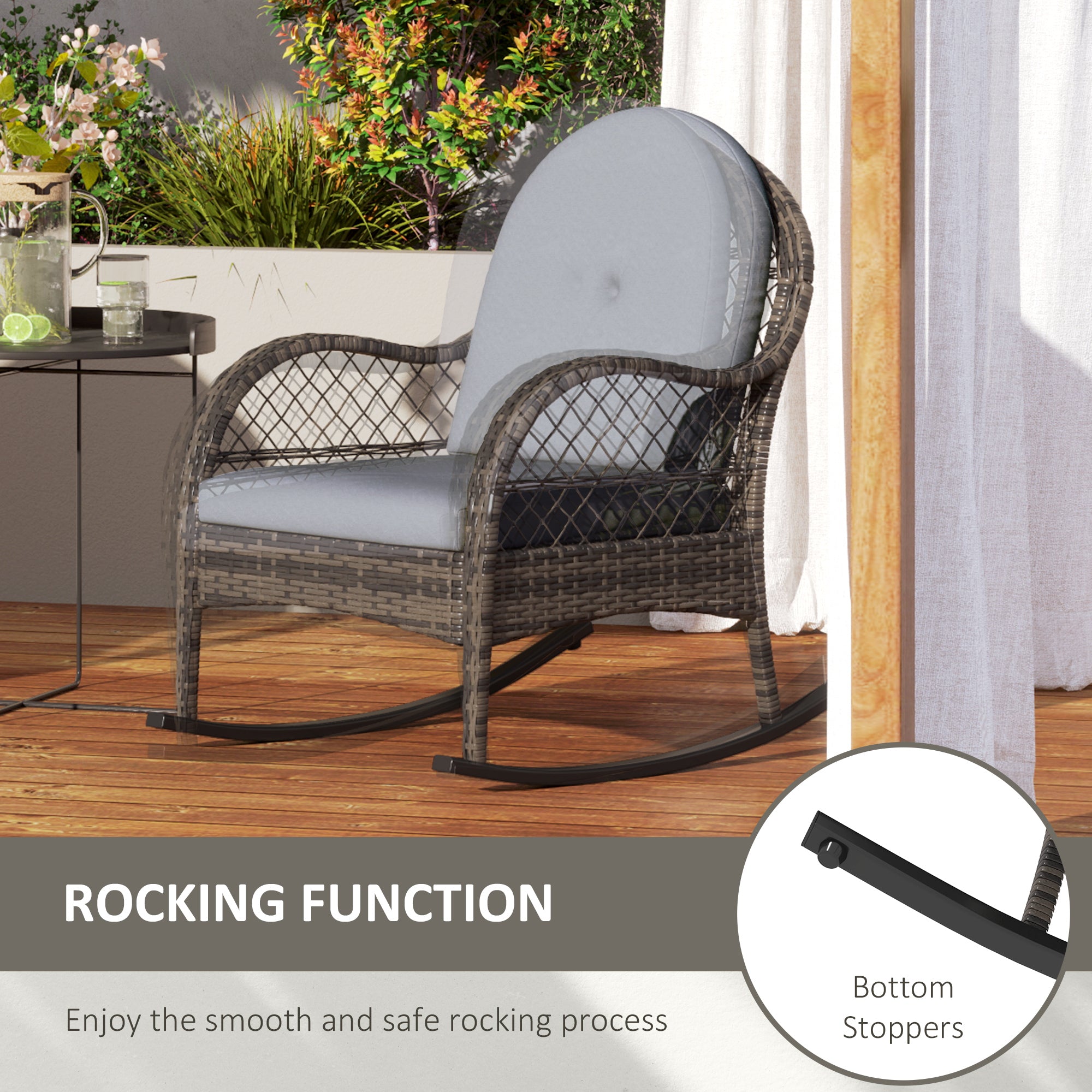 Outsunny 2 Pieces Wicker Rocking Patio Chairs, Indoor Outdoor Rocking Chair Set with Cushions and Armrests for Porch, Grey