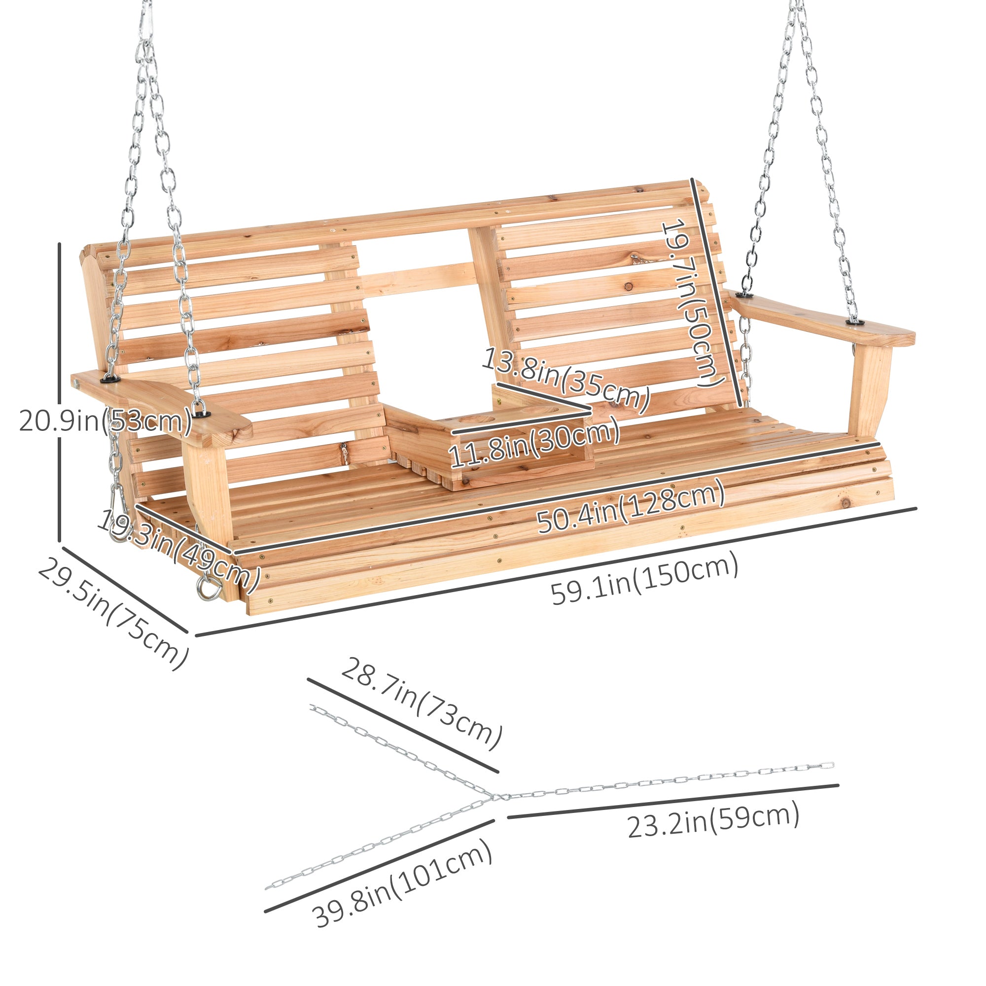 Outsunny 3 Seater Patio Swing Chair Wood Porch Swing with Foldable Table, Cup Holders, Steel Chains for Garden, Yard, Natural
