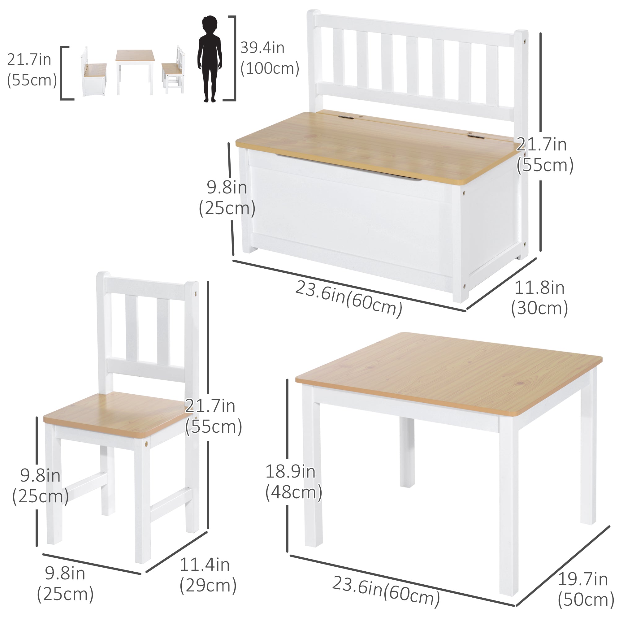 Qaba 4-Piece Set Kids Wood Table Chair Bench with Storage Function Easy to Clean Gift for Girls Boys Toddlers Age 3 Years up Natural and White