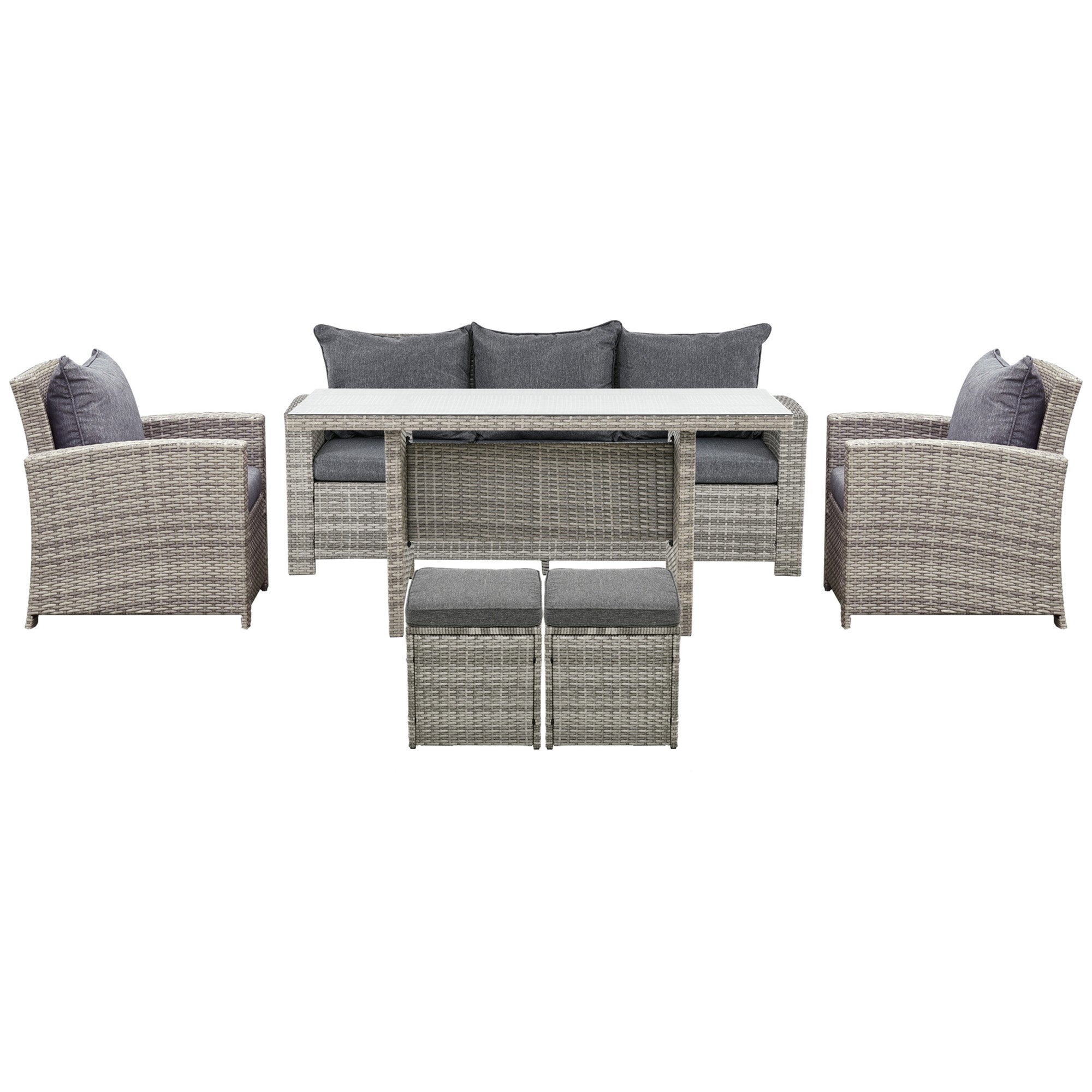 Outsunny 6 Pcs Patio Furniture Set, Rattan Outdoor Furniture Set with 3 Seater Sofa, Armchairs, Footstools and Table, Light Grey