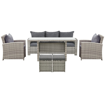 Outsunny 6 Pcs Patio Furniture Set, Rattan Outdoor Furniture Set with 3 Seater Sofa, Armchairs, Footstools and Table, Light Grey