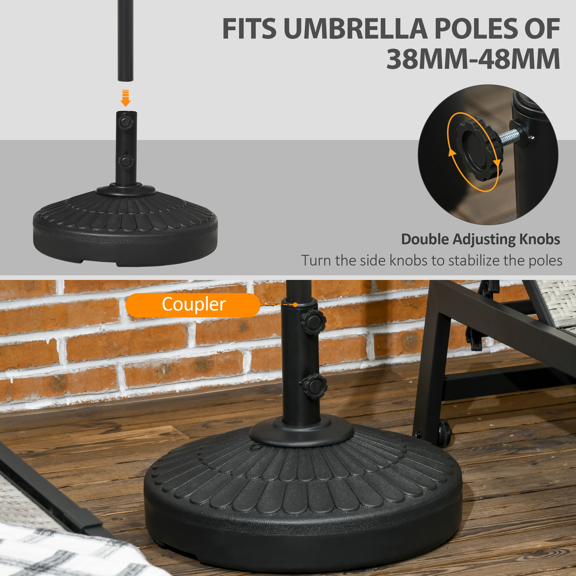 Outsunny Patio Umbrella Base with Handle, Heavy Duty Round Umbrella Stand, Garden Umbrella Holder for 1.5", 1.9" Poles, Black