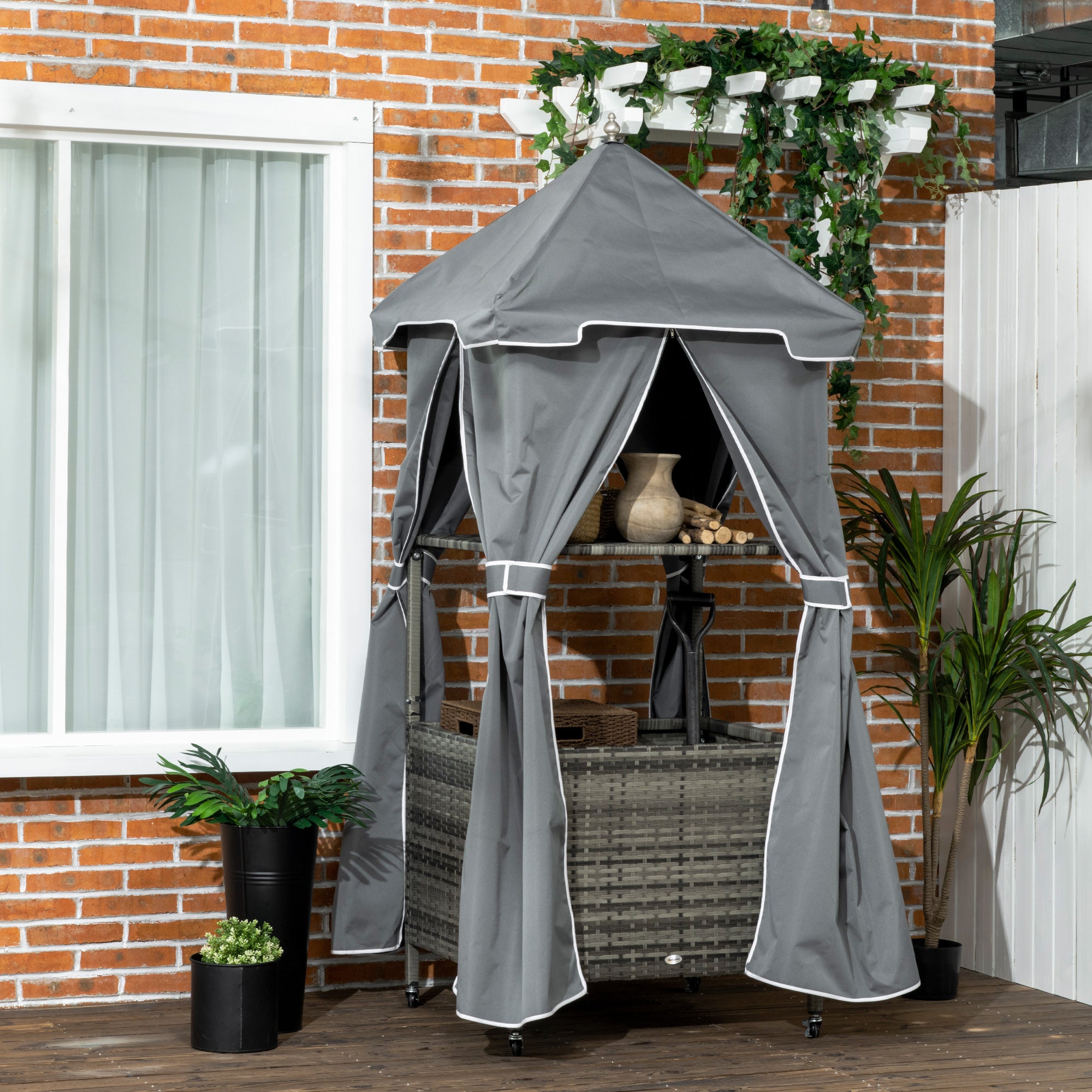 Outsunny Outdoor Rolling Towel Rack for Pool, Covered Pool Caddy with Shelf, Basket, PE Rattan Wicker