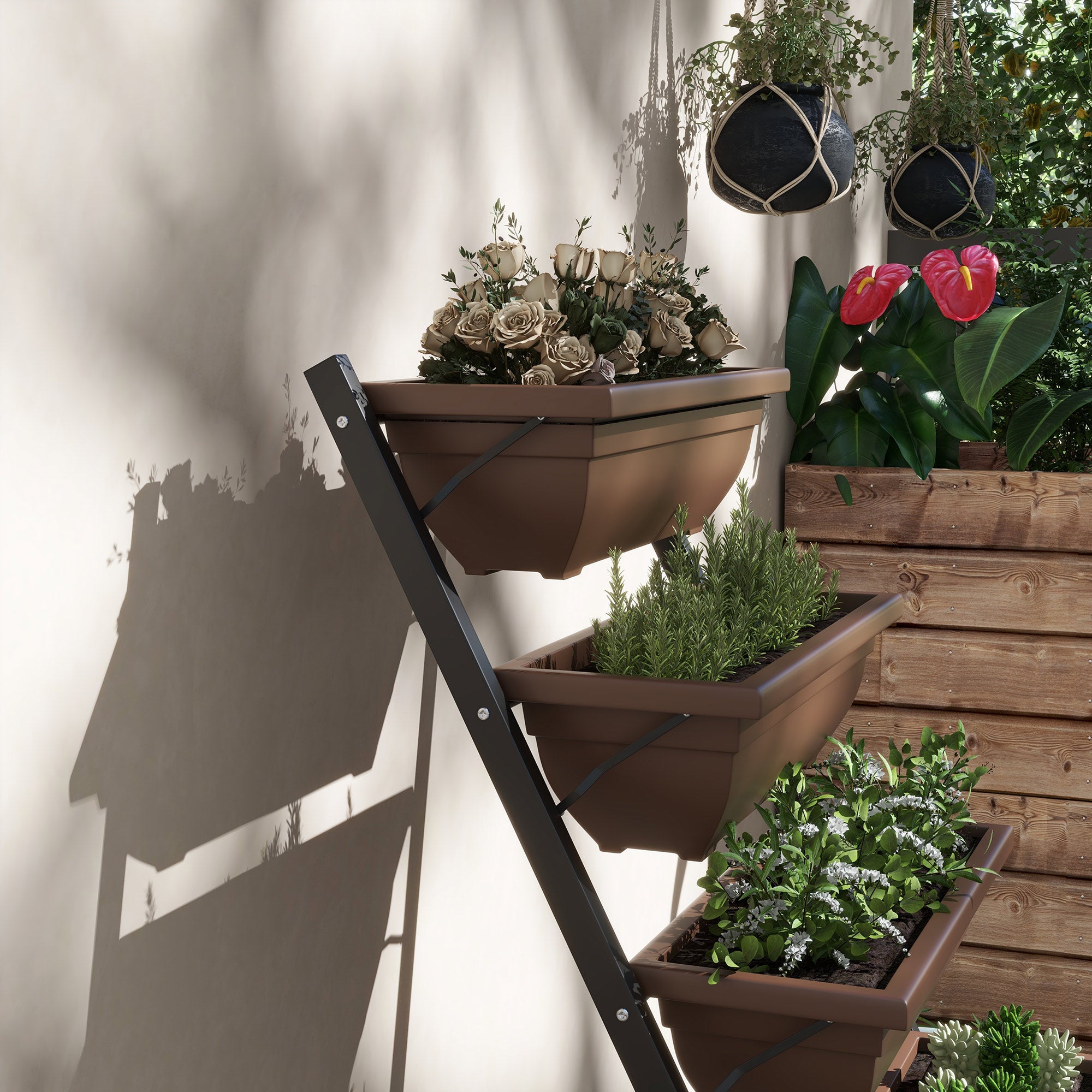 Outsunny 5-Tier Raised Garden Bed with 5 Planter Box, Outdoor Plant Stand Grow Containers with Leaking Holes, Brown
