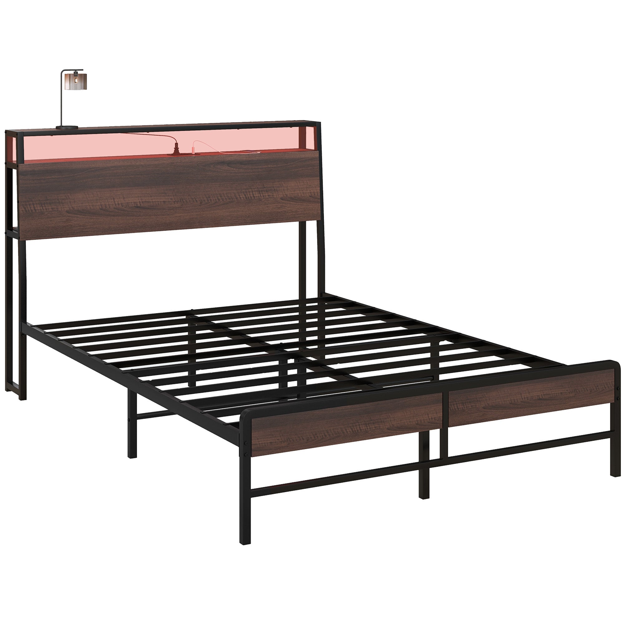 HOMCOM Full Size Bed Frame with LED Lights and Charging Station, Full Bed Frame with Storage Headboard, Noise-Free, Walnut
