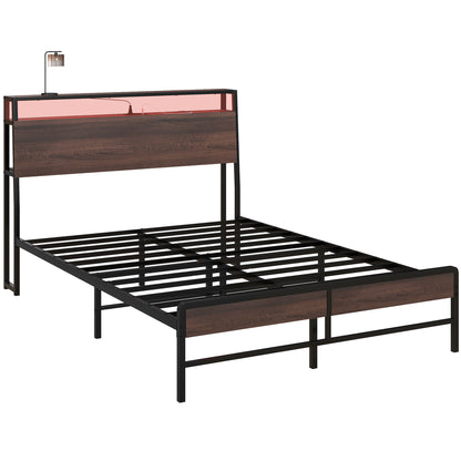 HOMCOM Full Size Bed Frame with LED Lights and Charging Station, Full Bed Frame with Storage Headboard, Noise-Free, Walnut