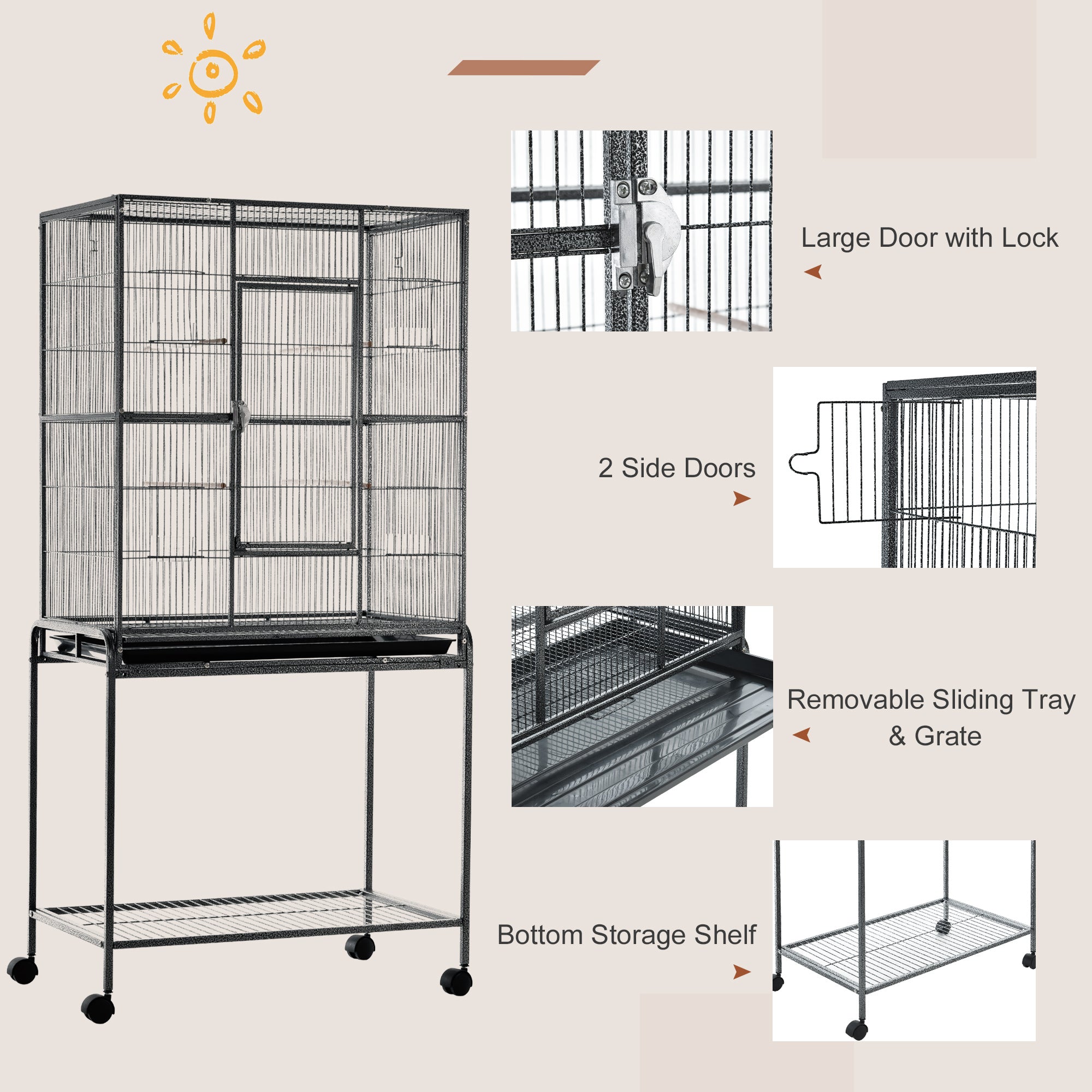 PawHut 30'' Large Rolling Metal Bird Cage Bird House with Detachable Rolling Stand, Storage Shelf, Wood Perch Food Container - Black