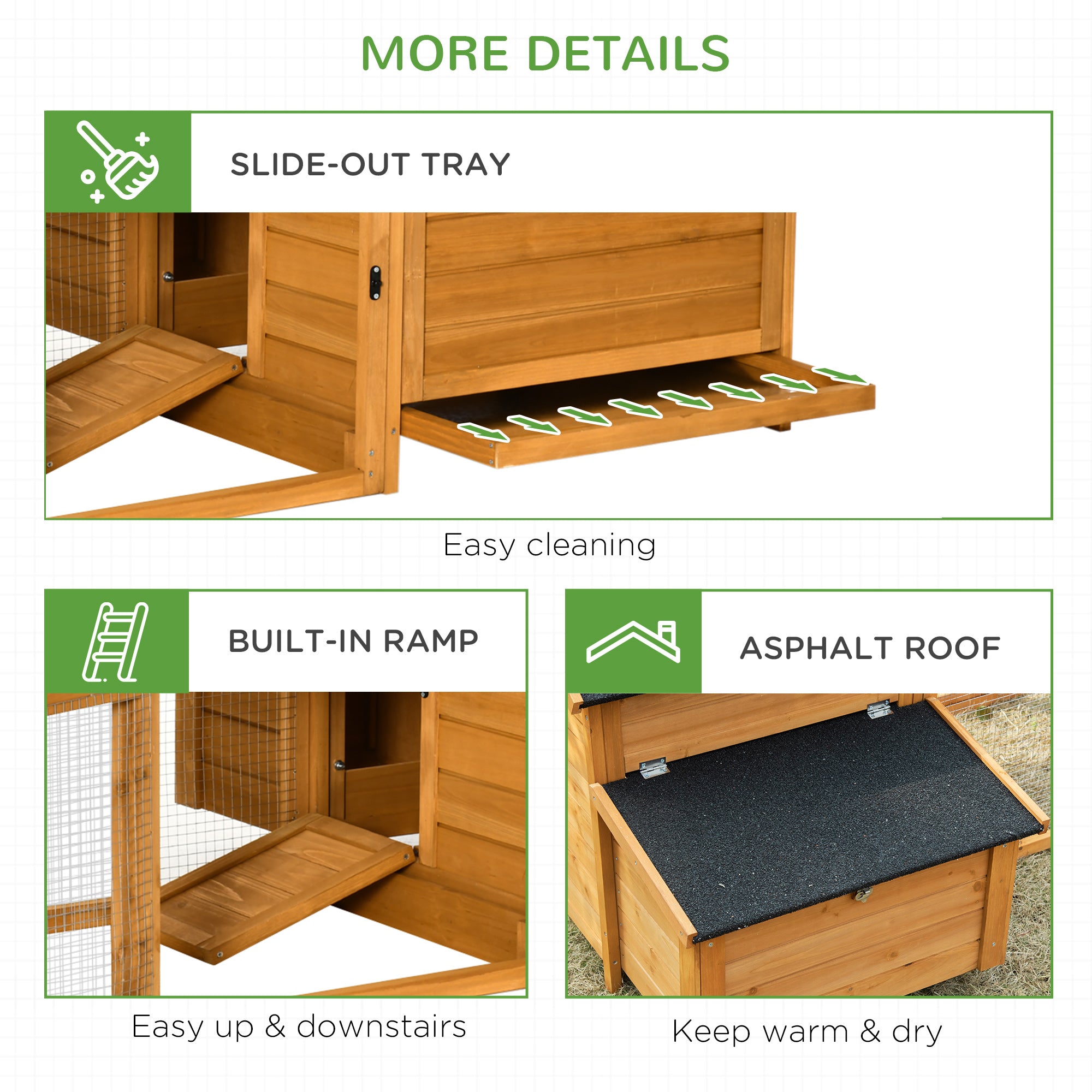 PawHut 2-Tier Chicken Coop, Wooden Hen House, Poultry Habitat Outdoor Backyard with Removable Tray, Nesting Box, Outside Run, Ramp, 71"x36"x31"