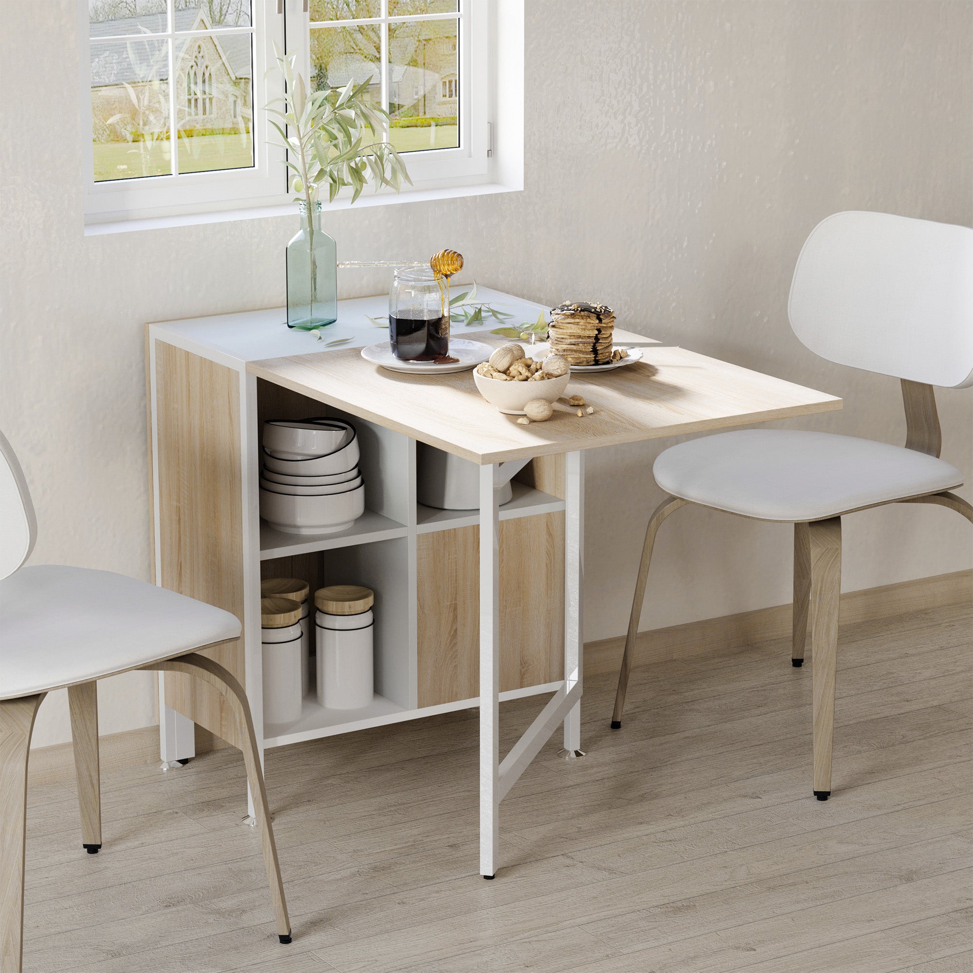 HOMCOM Multi-use Space Saving Folding Dining Table with Hideaway Shelves for Kitchen, Dining, Study and Office