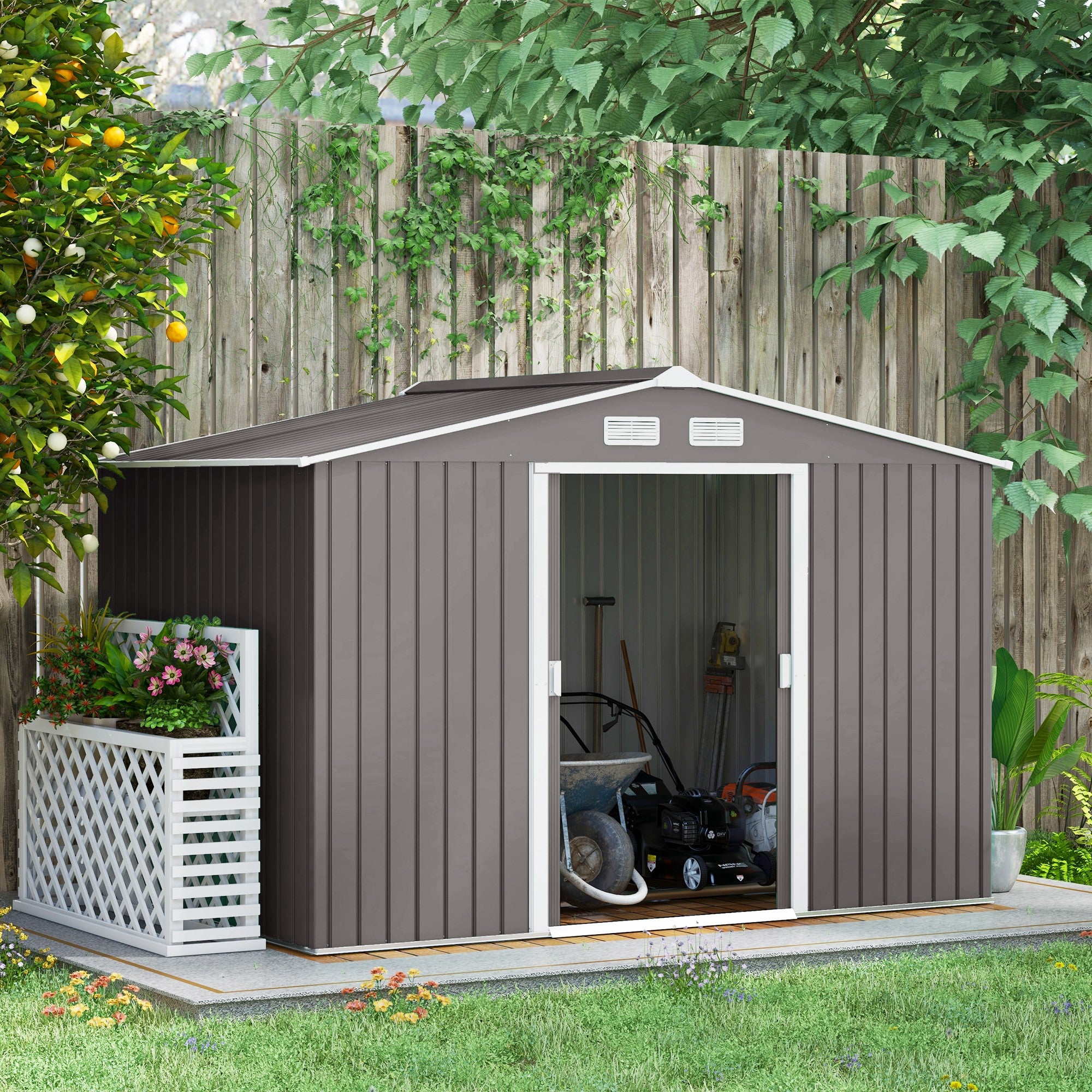 Outsunny 9.1'x6.4'x6.3' Garden Storage Shed w/ Foundation Kit Metal Tool Storage House w/ Double Doors Grey