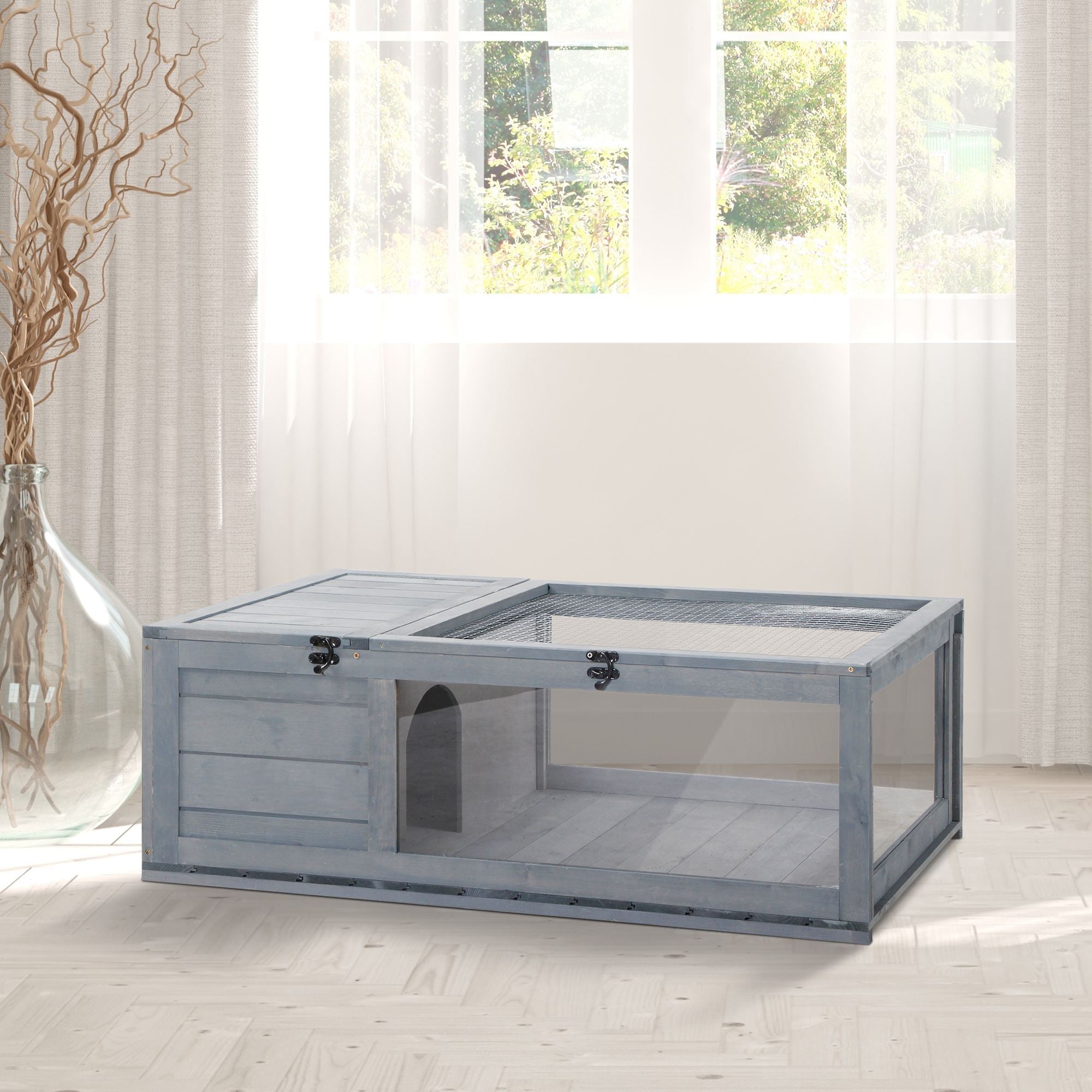 PawHut Wood Tortoise House for Lizards, Geckos, Indoor Outdoor Use, 35.8" x 23.8" x 12.6", Grey