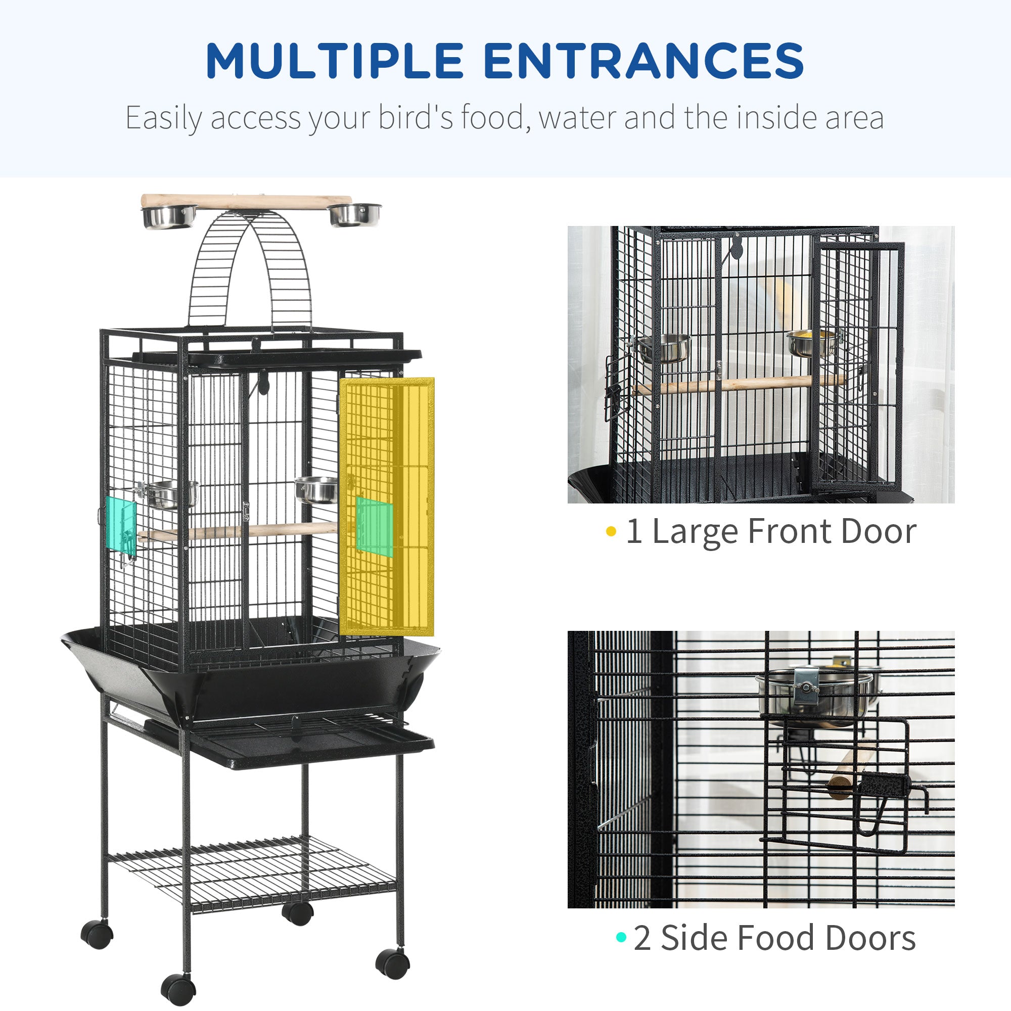 PawHut 61.5 Inch Bird Cage Parakeet House for Cockatiel with Stand, Pull Out Tray, Play Top, Storage Shelf, Wood Perch, Food Container