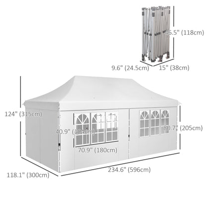 Outsunny 20x10 Pop Up Canopy with 6 Removable Sidewall, Carry Bag and 6 Sand Bags, Height Adjustable Instant Sun Shelter, White