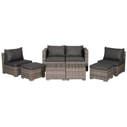 Outsunny 8 Pieces Patio Furniture Set, Outdoor Wicker Rattan Sofa Set Yard Conversation Seat Tea Table and Footstool Garden Patio Furniture w/ 2 Set Cushion Cover Grey & Orange