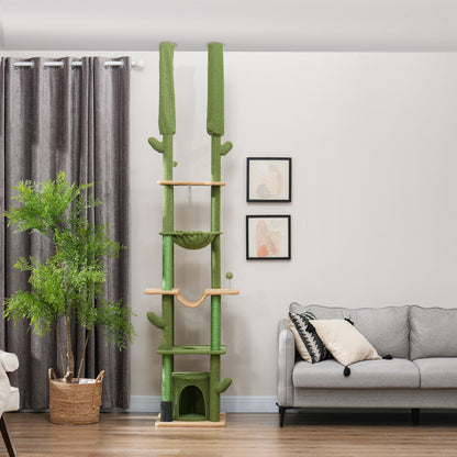 PawHut 89"-100" Floor to Ceiling Cat Tree Cat Tower for Large Cats w/ Scratching Posts, Grooming Brush Post, Cat Condo, Green