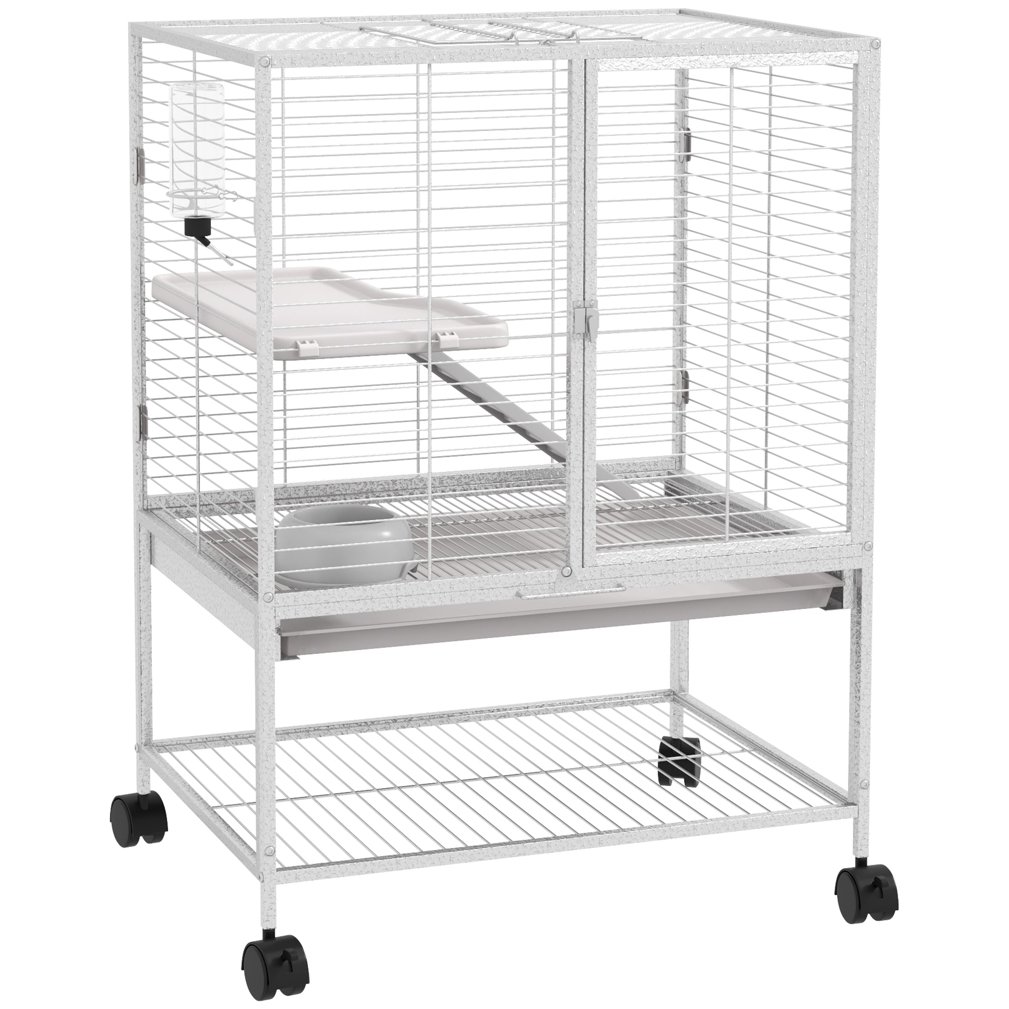PawHut Rolling Small Animal Cage 34"H Chinchilla Cage for Ferrets, Squirrels w/ Removable Tray, Storage Shelf, Black