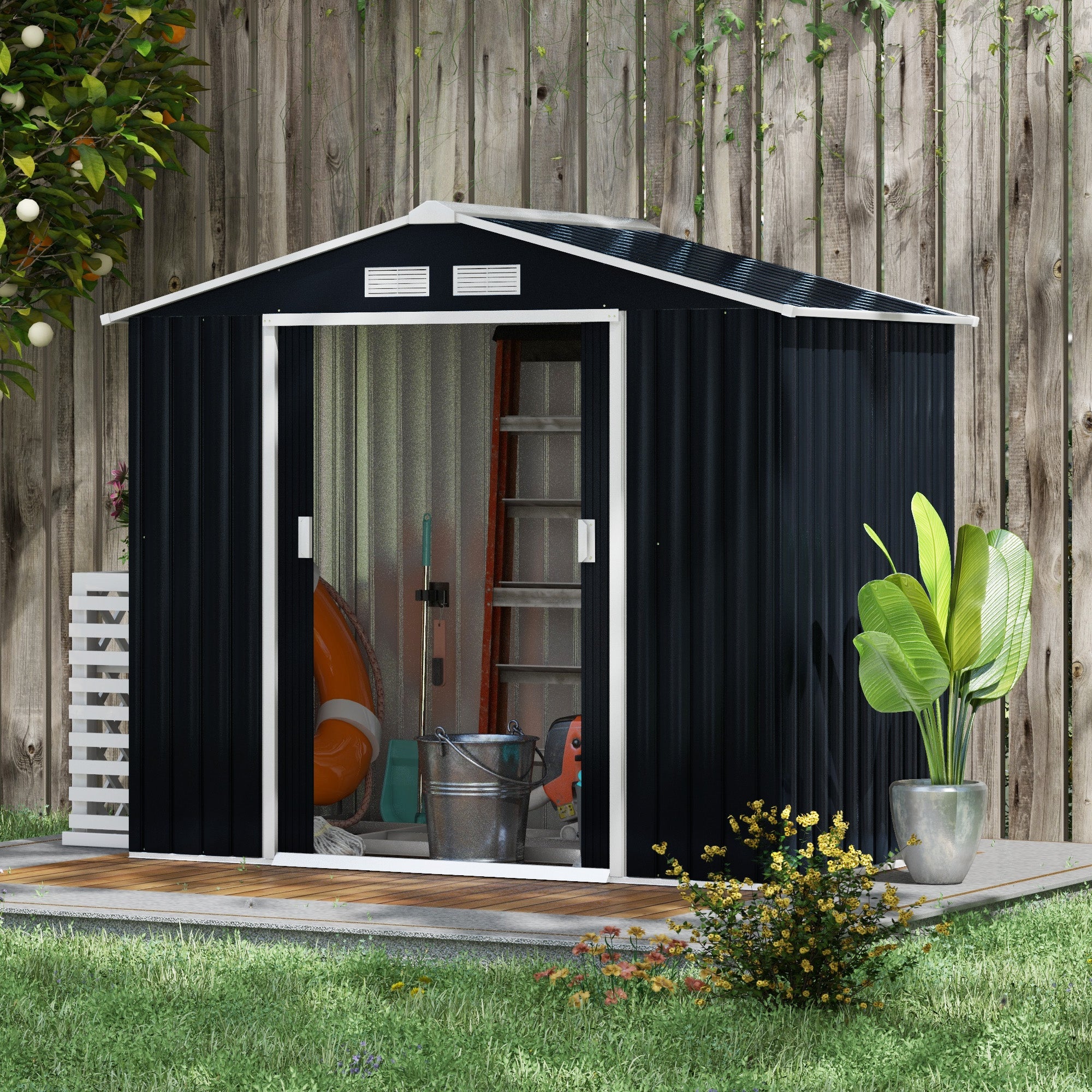 Outsunny 7' x 4' x 6' Garden Storage Shed Outdoor Patio Metal Tool Storage House w/ Foundation Kit and Double Doors Dark Grey