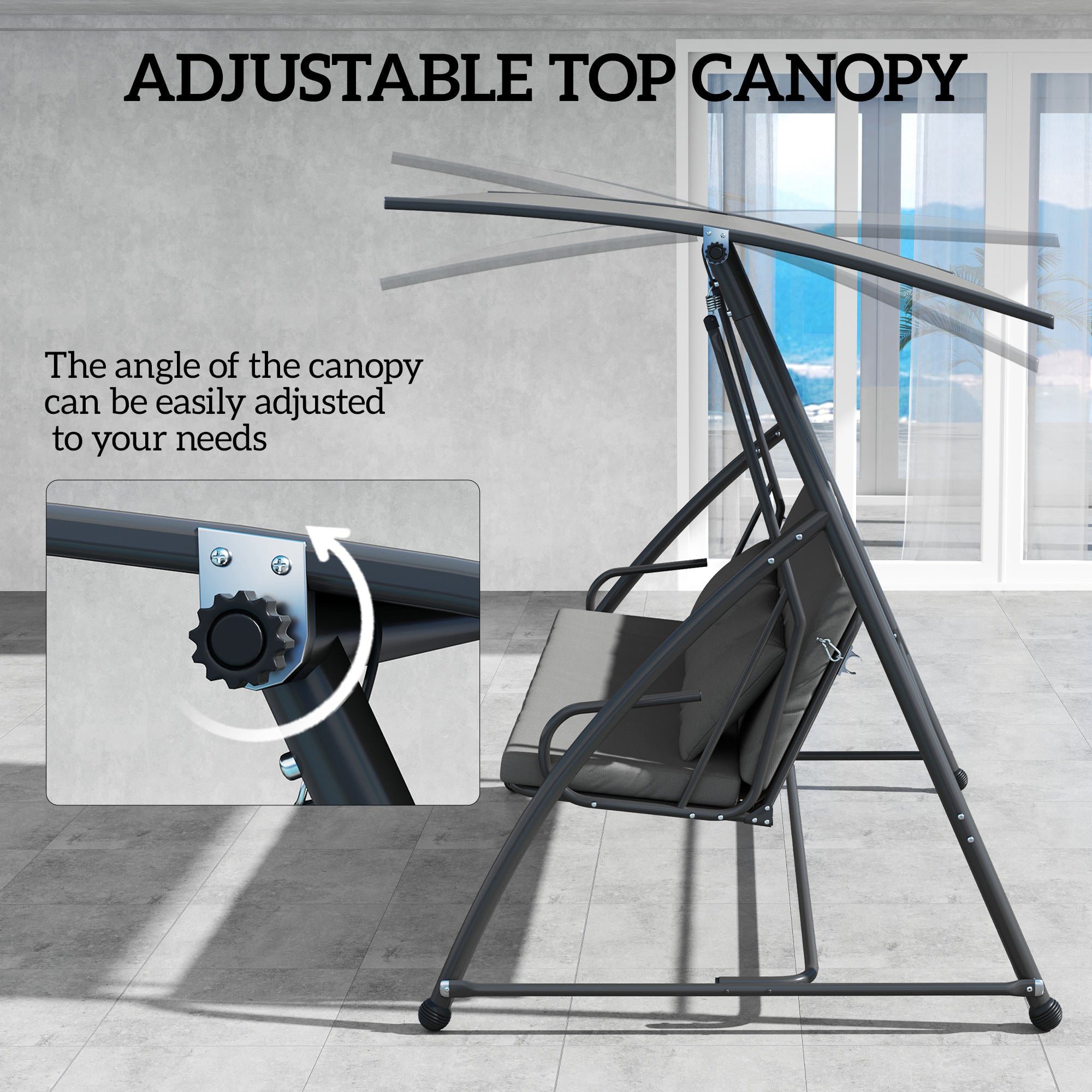Outsunny Patio Swing Chair, 3 Person Convertible Hammock, Outdoor Swing Lounge Bed, Cushioned with Tilt Canopy, Dark Grey