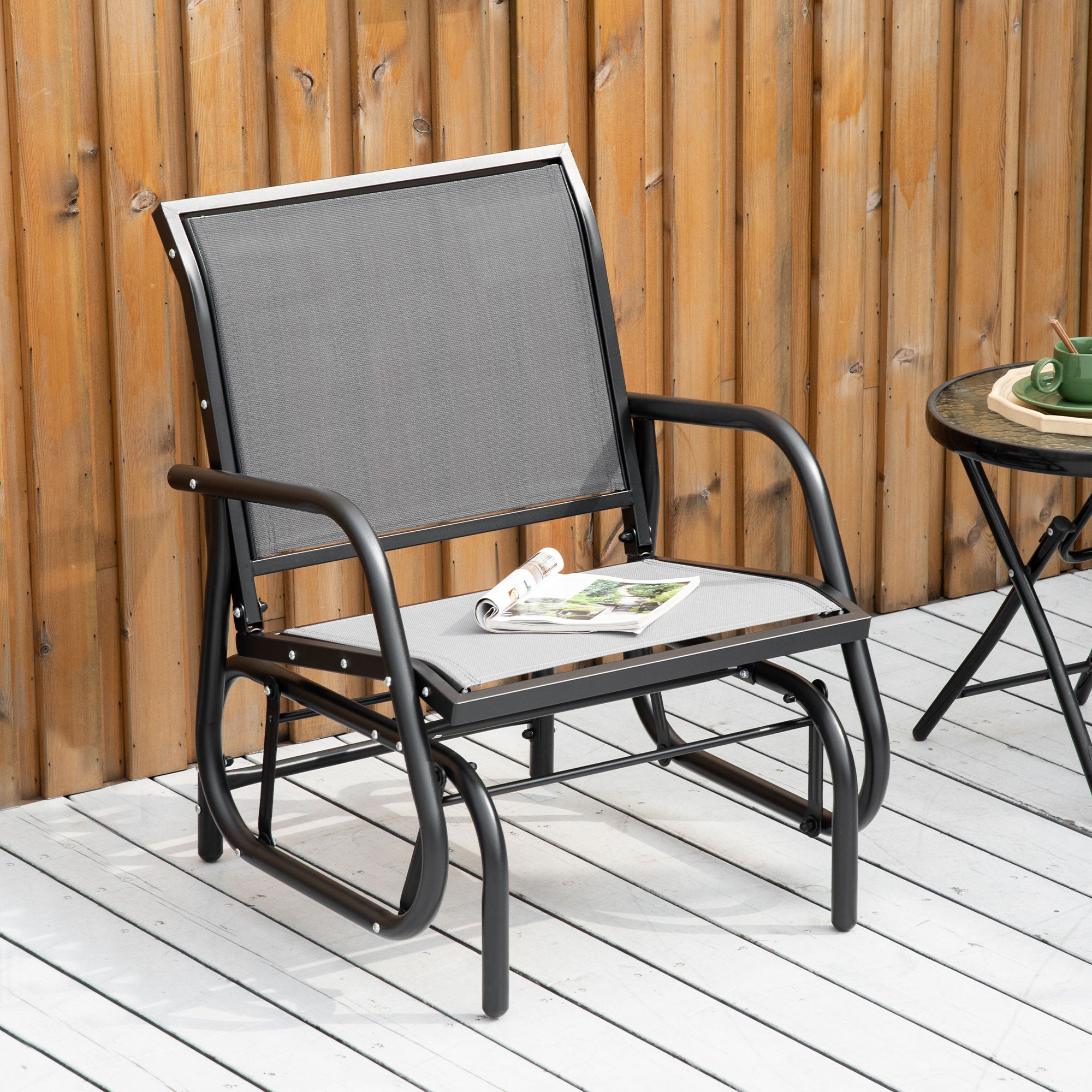 Outsunny Patio Glider with Breathable Mesh Fabric Seat & Backrest, Metal Frame Outdoor Glider Swing Chair with Armrests, Grey