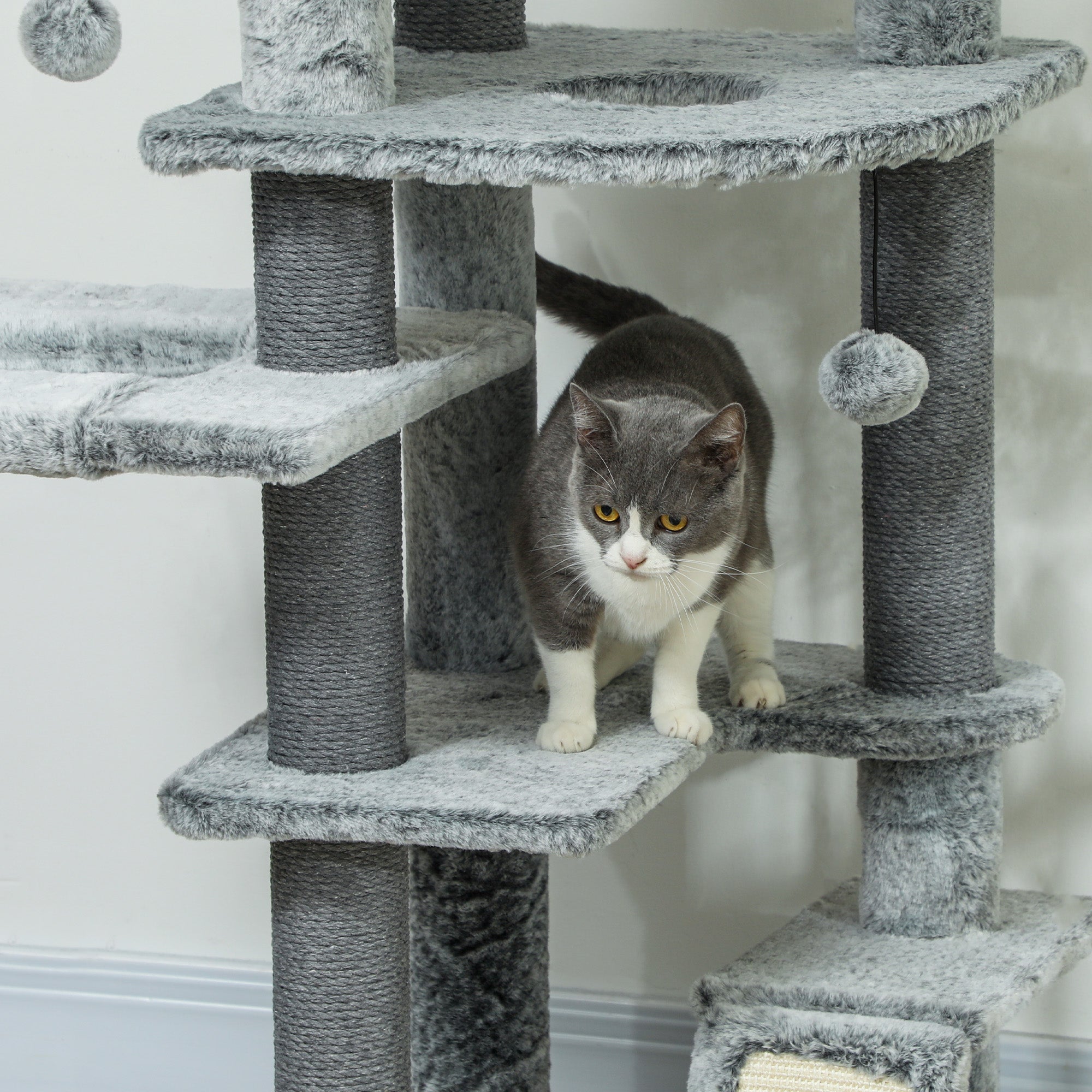PawHut 89" -100" Adjustable Height Floor to Ceiling Cat Tree, Multi Levels Cat Climbing Tower with Scratching Posts