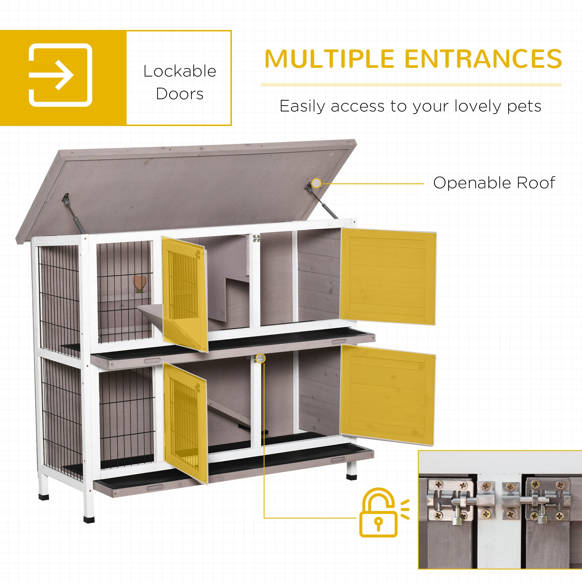 PawHut 2 Tier Rabbit Hutch with Feeding, Removable Tray, Ramp, Doors, Grey