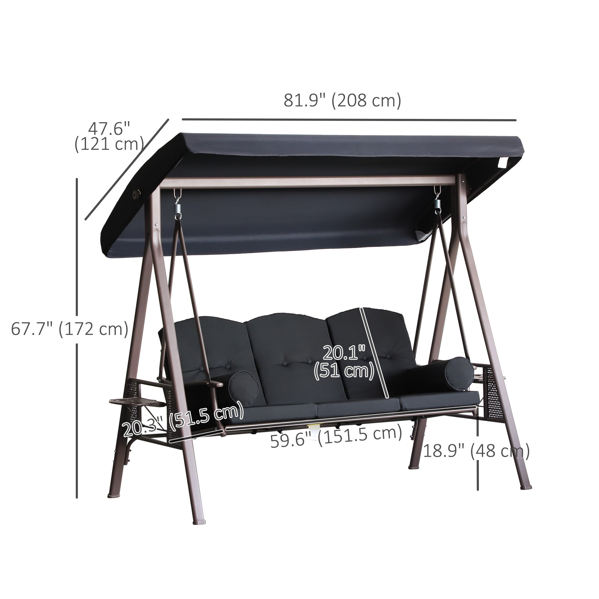 Outsunny Outdoor Patio 3-Person Steel Canopy Cushioned Seat Bench Swing with Included Side Trays & Padded Comfort, Black