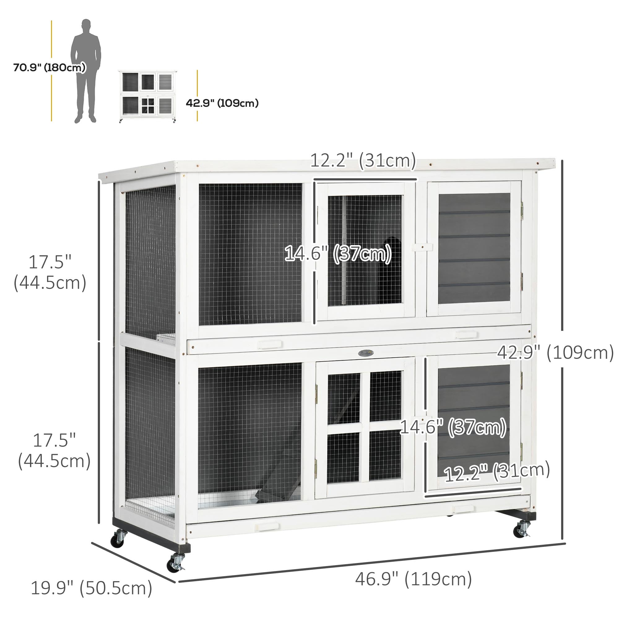 PawHut 2 Tier Wooden Rabbit Hutch with Wheels, Waterproof Roof, Removable Tray for Outdoor & Indoor, Dark Grey