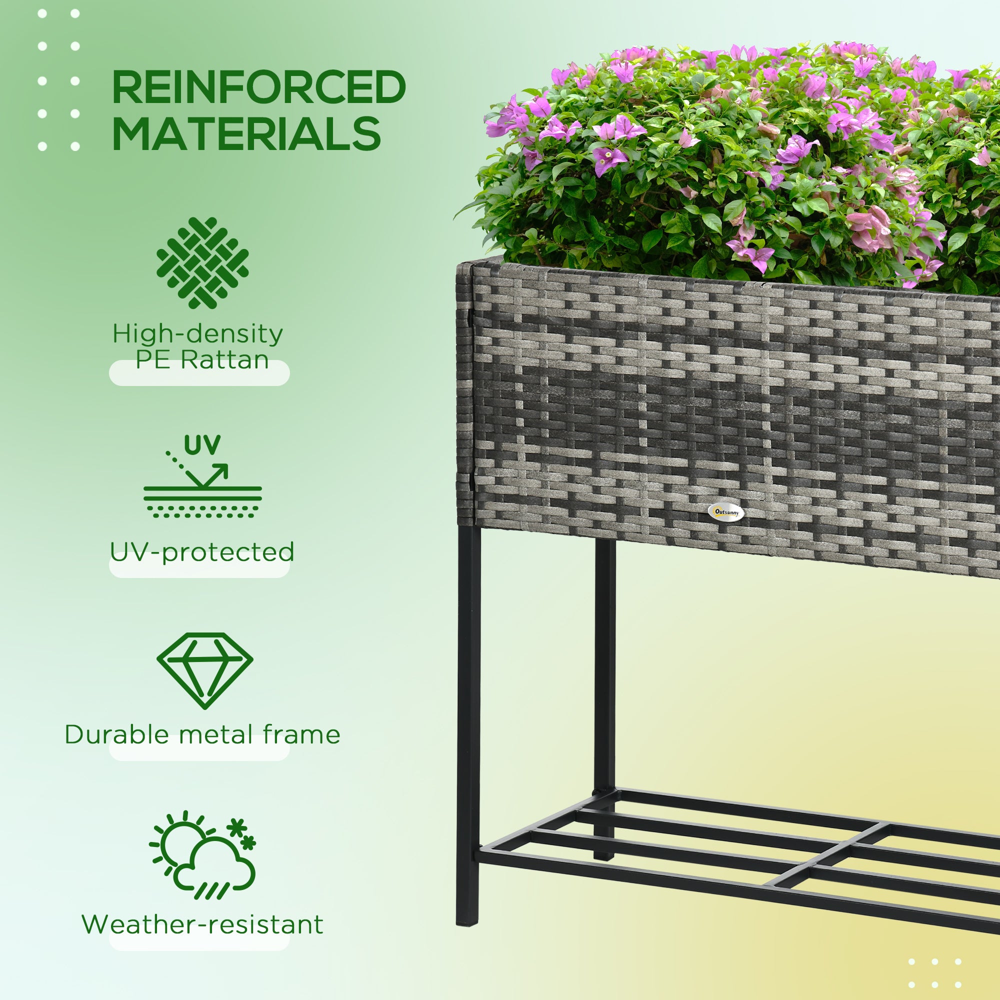 Outsunny Rattan Raised Garden Boxes, Elevated Flower Beds with Storage Shelf for Herbs, Flowers, Vegetables, Mixed Grey