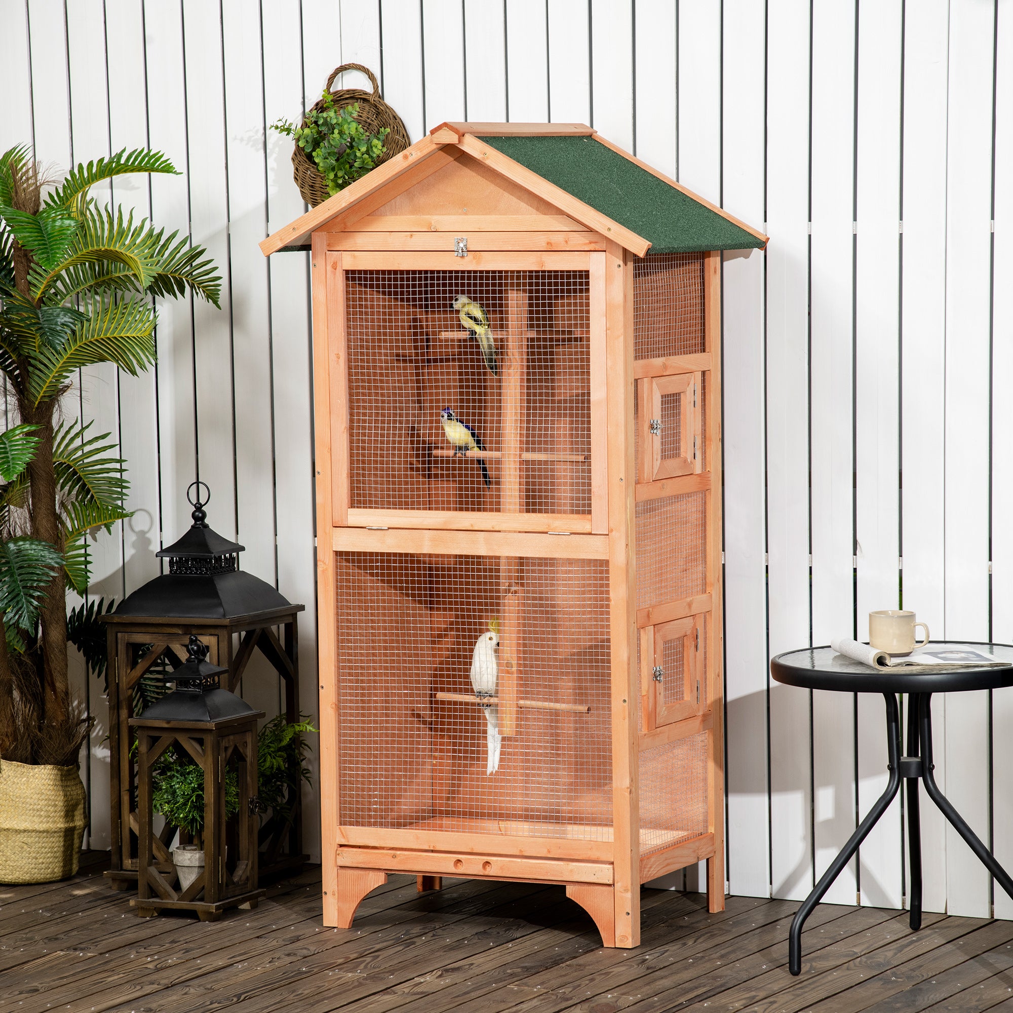 PawHut Wooden Bird Aviary Parrot Cage Pet Furniture with Removable Bottom Tray, 2 Doors, Asphalt Roof, 4 Perches, Brown