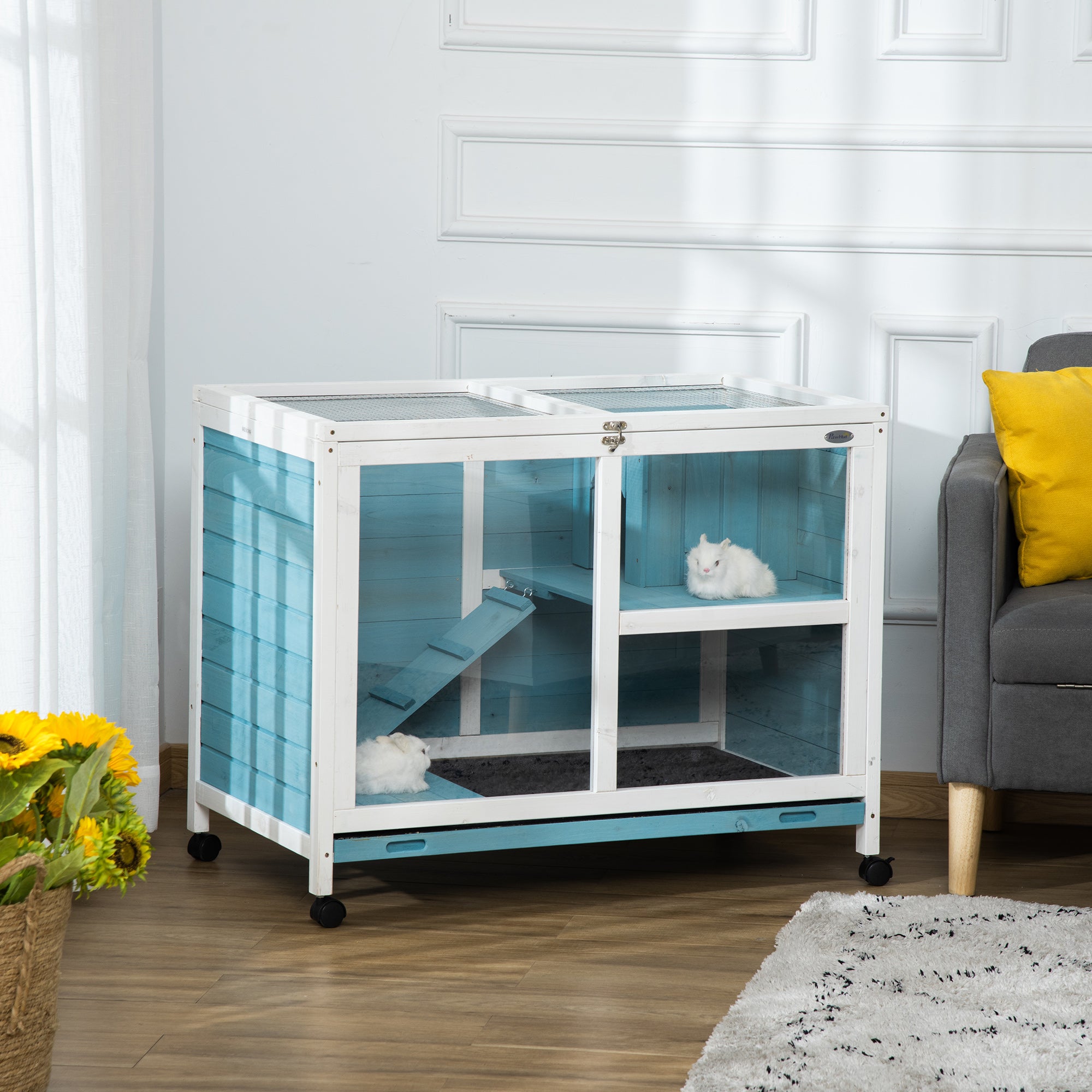 PawHut Indoor Rabbit Hutch with Wheels, Bunny Cage Guinea Pig House W/ Top Access, Ramp, Pull Out Tray, Blue