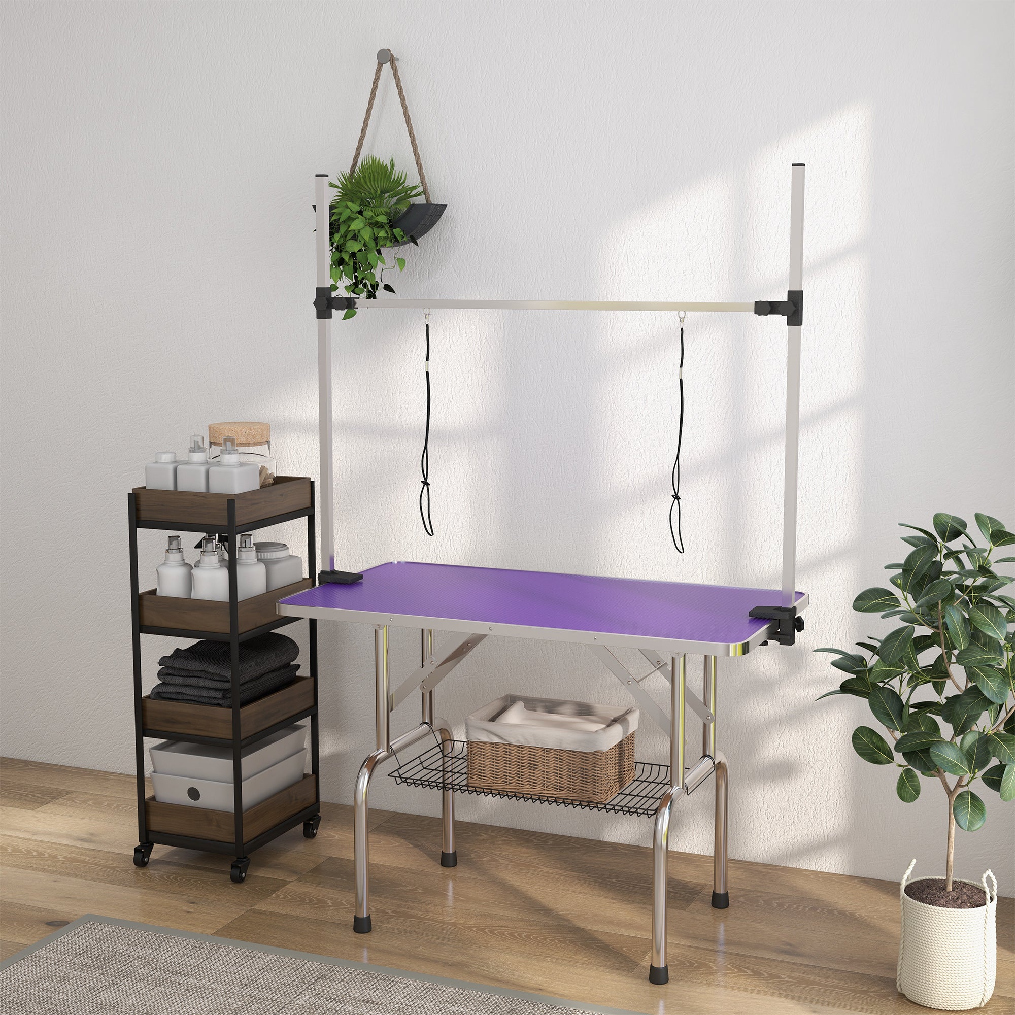 PawHut Adjustable Dog Grooming Table with 2 Safety Slings, Storage Basket, Purple