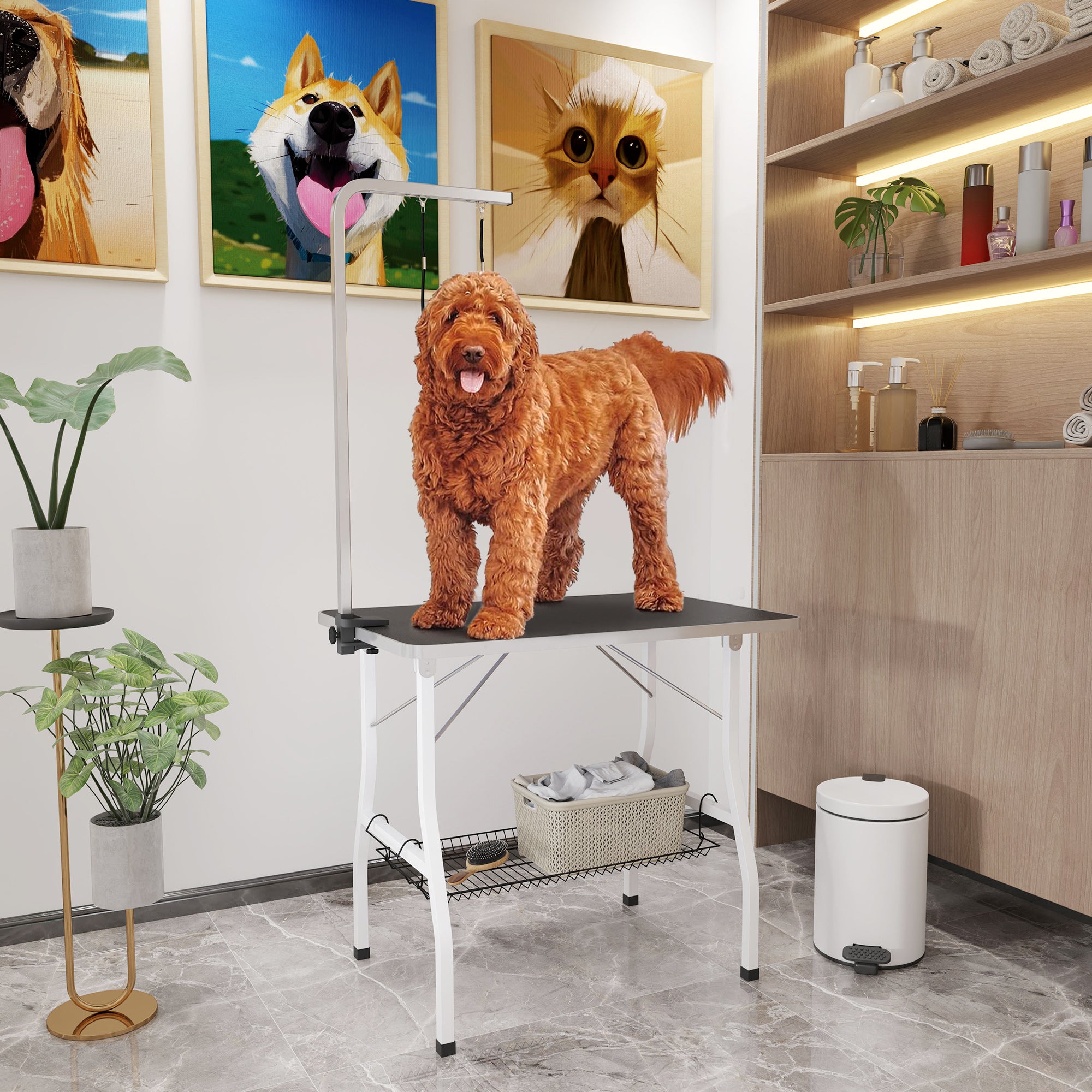 PawHut Dog Grooming Table w/ Adjustable Arm, Mesh Tray,  Two Nooses, Rubber Surface, 35" x 24" x 61", Black