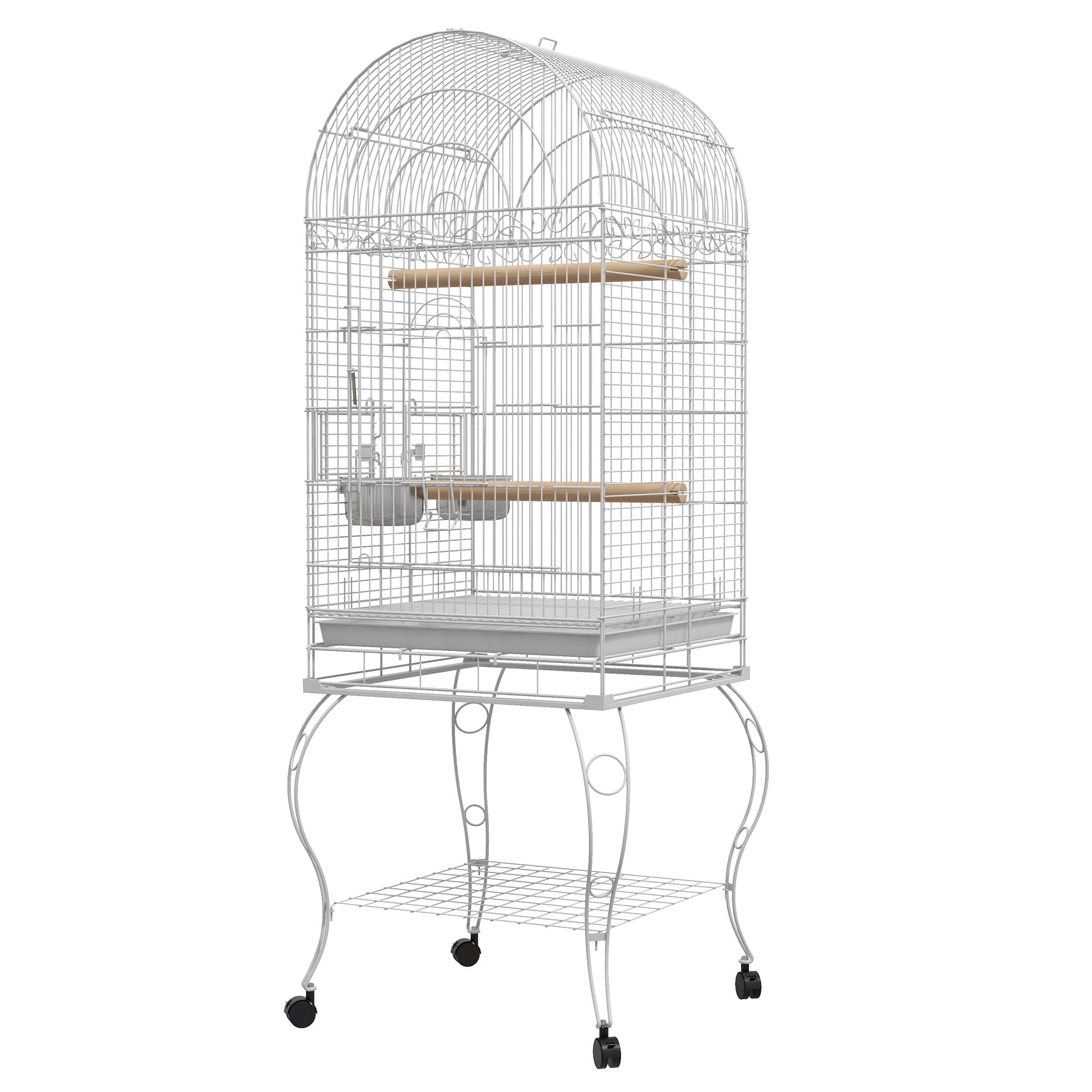 PawHut Play Open Top Bird Cage 60" Parrot Cage for Cockatiel, Sun Conure with Rolling Stand, Removable Tray, Perches, Storage Shelf White, 20.1" x 20.1"
