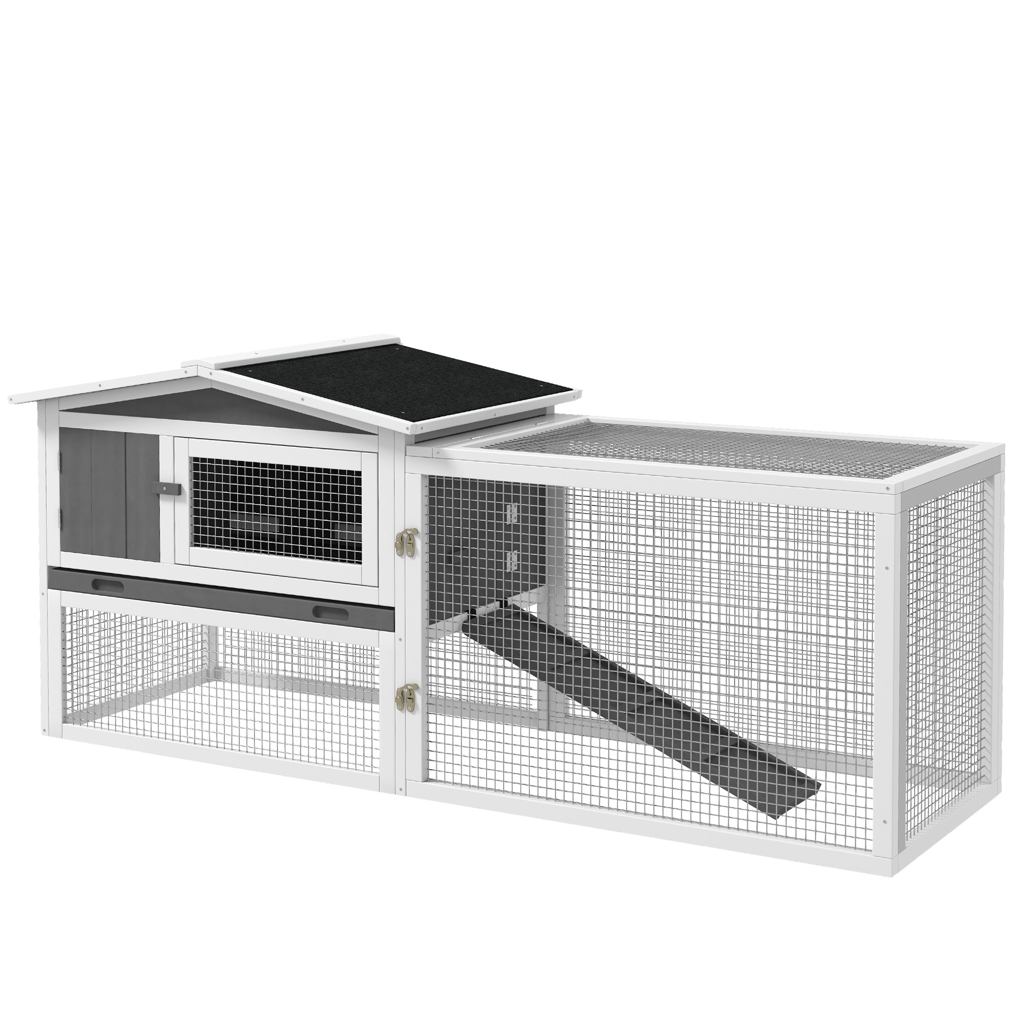 PawHut Wooden Rabbit Hutch Guinea Pig House with Removable Tray, Openable Roof, Trough, Run for Tortoises and Ferrets, Grey