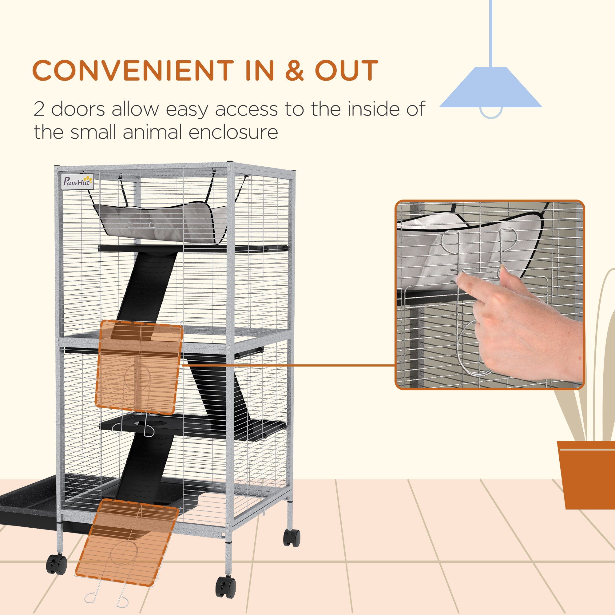PawHut Steel Small Animal Cage for Guinea Pig, Ferret, Chinchilla, Kitten and Rabbit, Light Grey