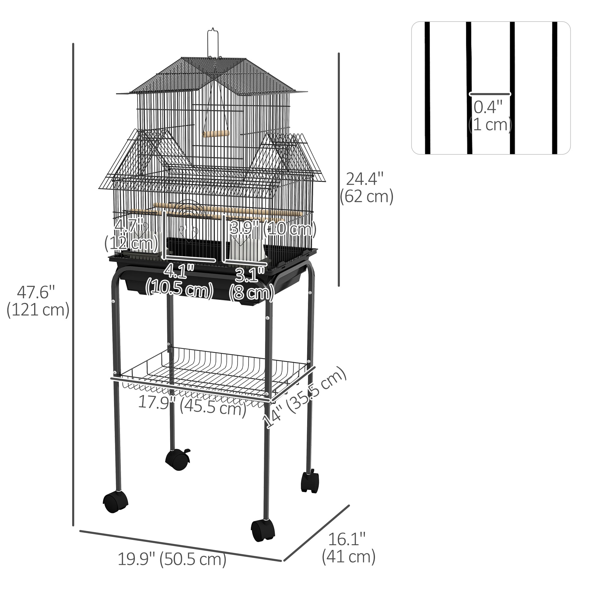 PawHut 48" Bird Cage with Perch, Swing, Food Container, Slide-out Tray, Handle, Parrot Cage for Finches, Canaries, Budgies